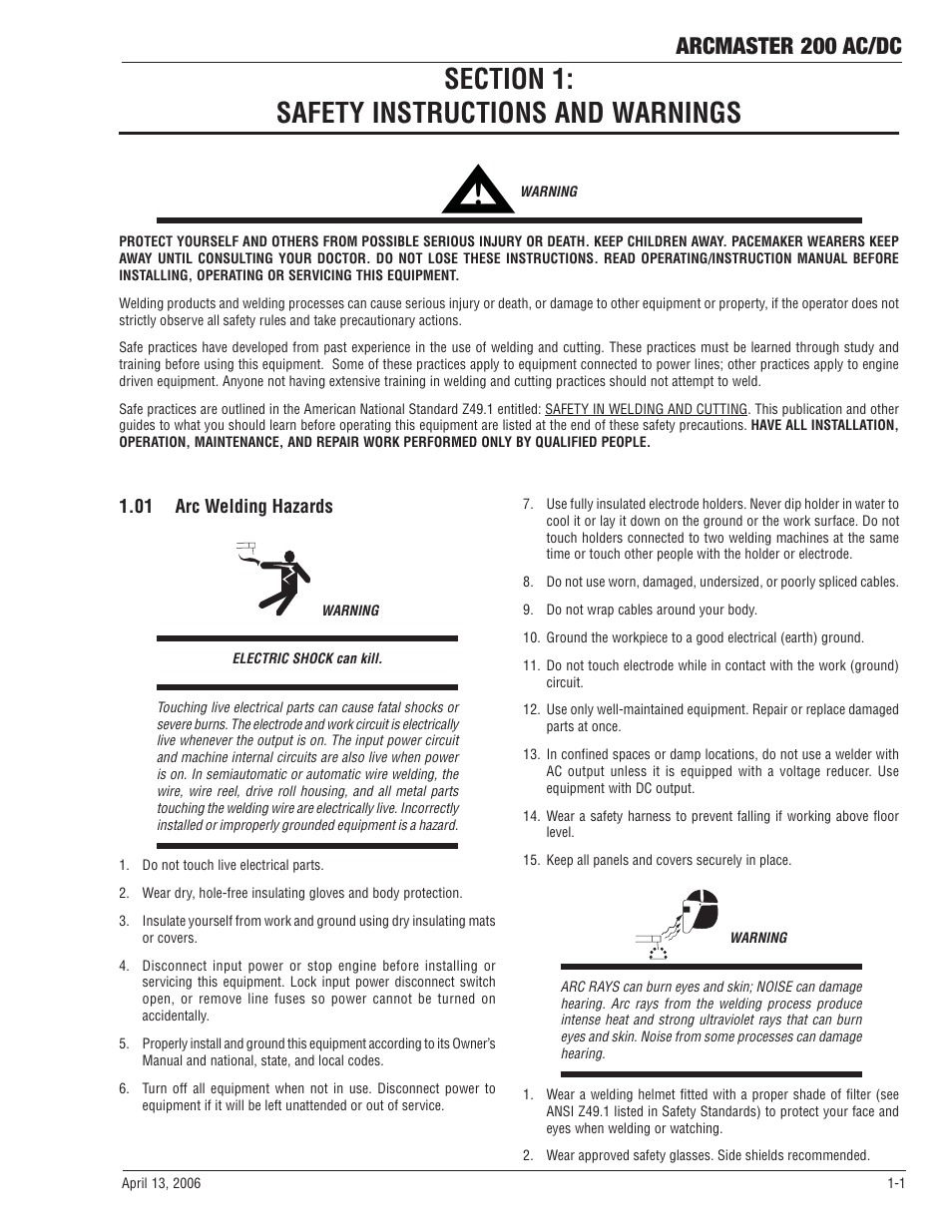 Section 1: safety instructions and warnings, 01 arc welding hazards, Section 1 | Safety instructions and warnings -1, 01 arc welding hazards -1, Arcmaster 200 ac/dc | Tweco 200 ACDC Arcmaster(April2006) User Manual | Page 7 / 72