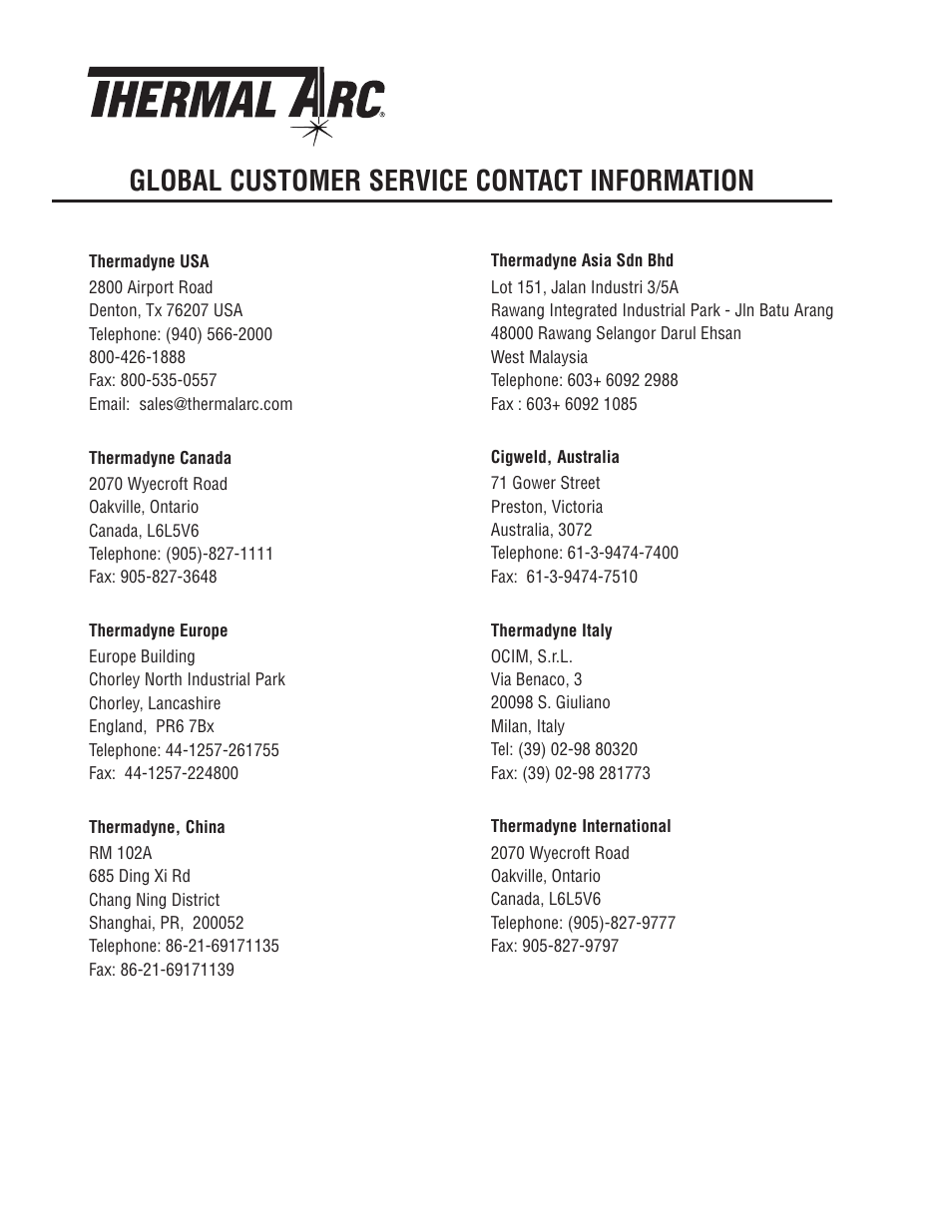Global customer service contact information | Tweco 200 ACDC Arcmaster(April2006) User Manual | Page 71 / 72