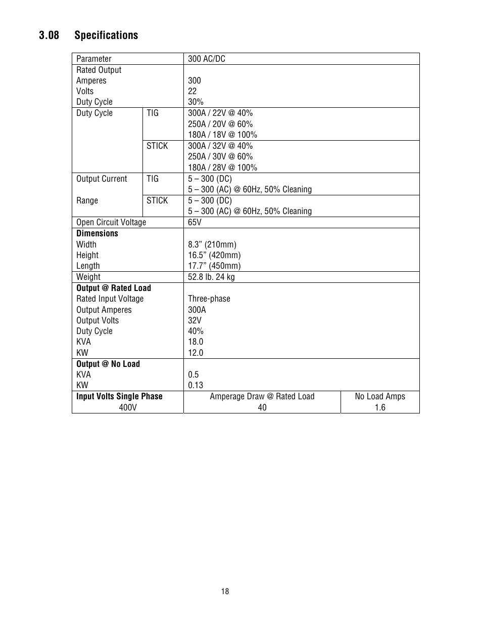 08 specifications | Tweco 300 ACDC Arcmaster User Manual | Page 24 / 66