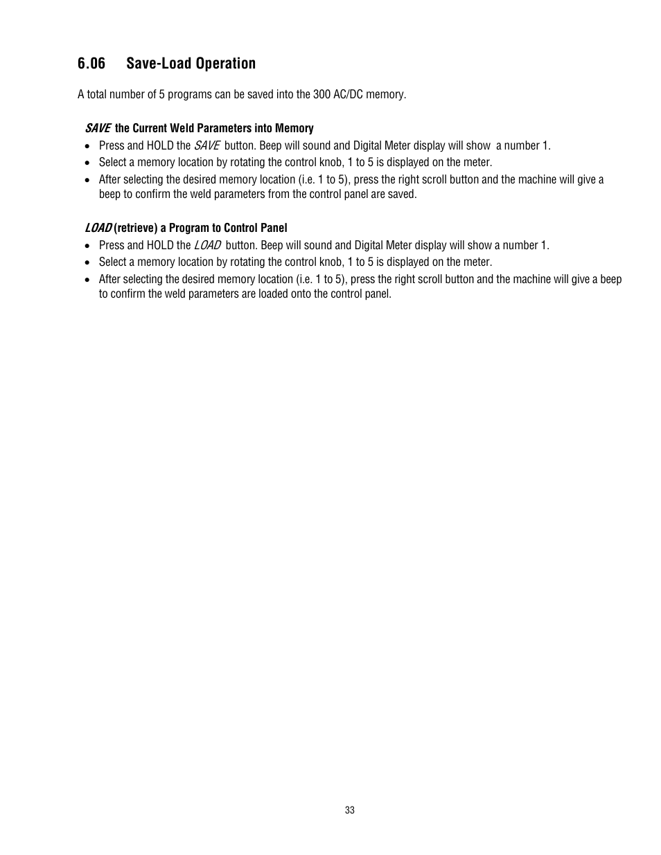 06 save-load operation | Tweco 300 ACDC Arcmaster User Manual | Page 39 / 66