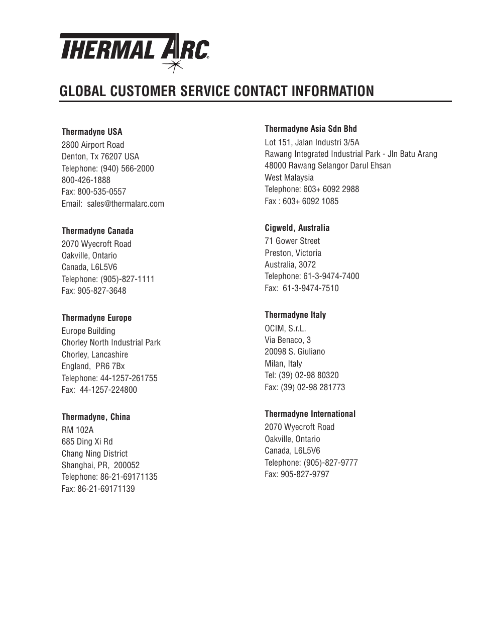 Global customer service contact information | Tweco 300 ACDC Arcmaster User Manual | Page 65 / 66