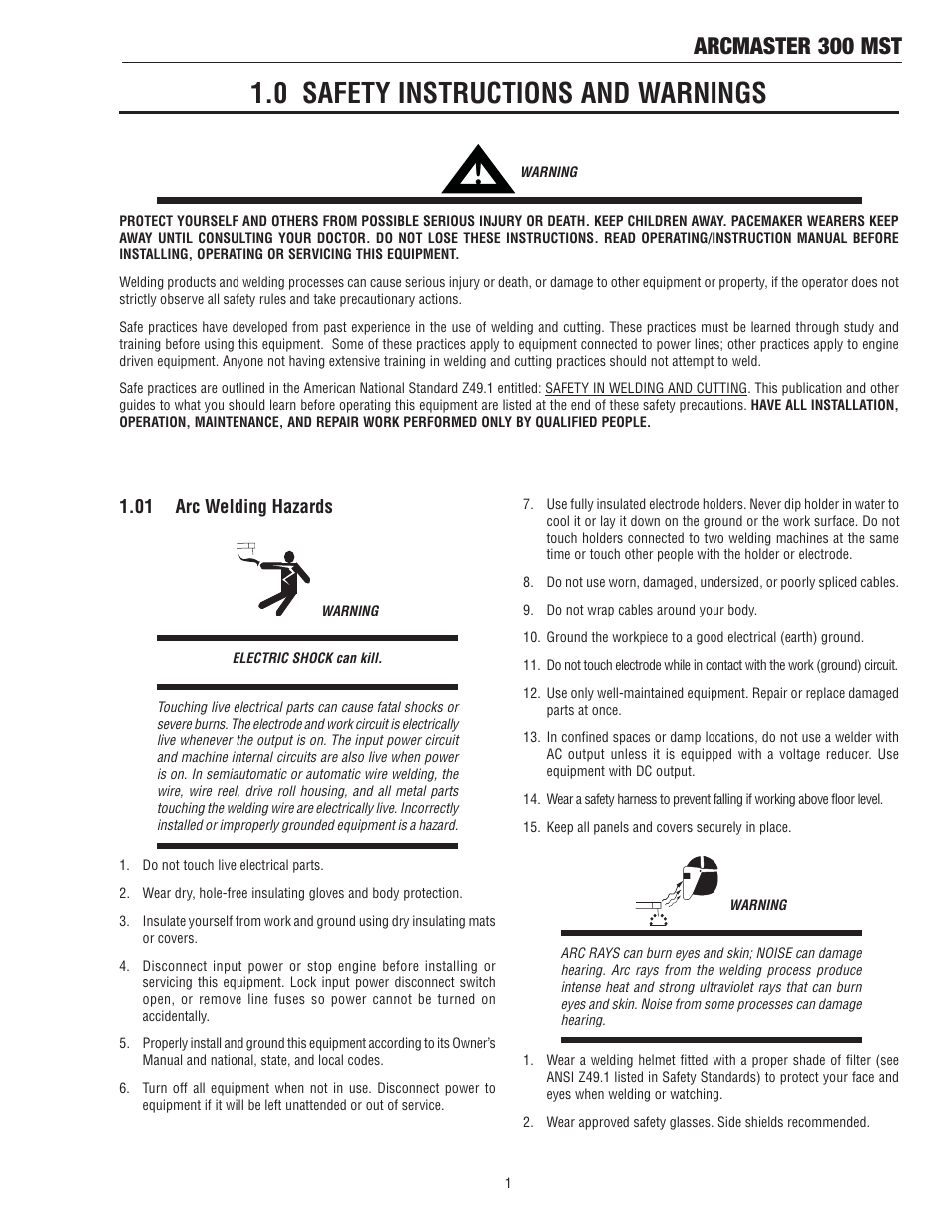 0 safety instructions and warnings, Arcmaster 300 mst | Tweco 300 MST Arcmaster User Manual | Page 7 / 66