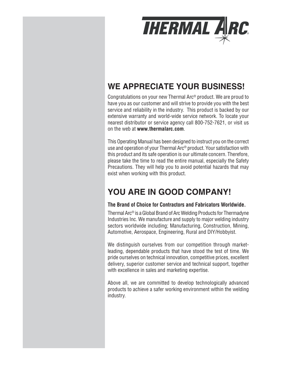 We appreciate your business, You are in good company | Tweco 300 S Arcmaster User Manual | Page 2 / 60