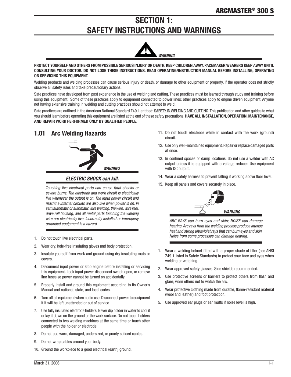 Arcmaster, 300 s, 01 arc welding hazards | Tweco 300 S Arcmaster User Manual | Page 7 / 60