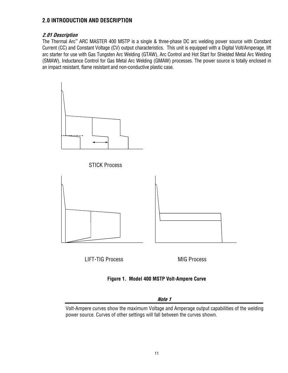 0 introduction and description 2.01 description, Stick process, Lift-tig process mig process | Tweco 400 MSTP Arcmaster User Manual | Page 17 / 78