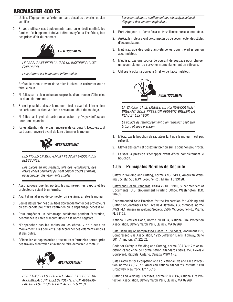 Arcmaster 400 ts, 05 principales normes de securite | Tweco 400 TS Arcmaster User Manual | Page 14 / 66