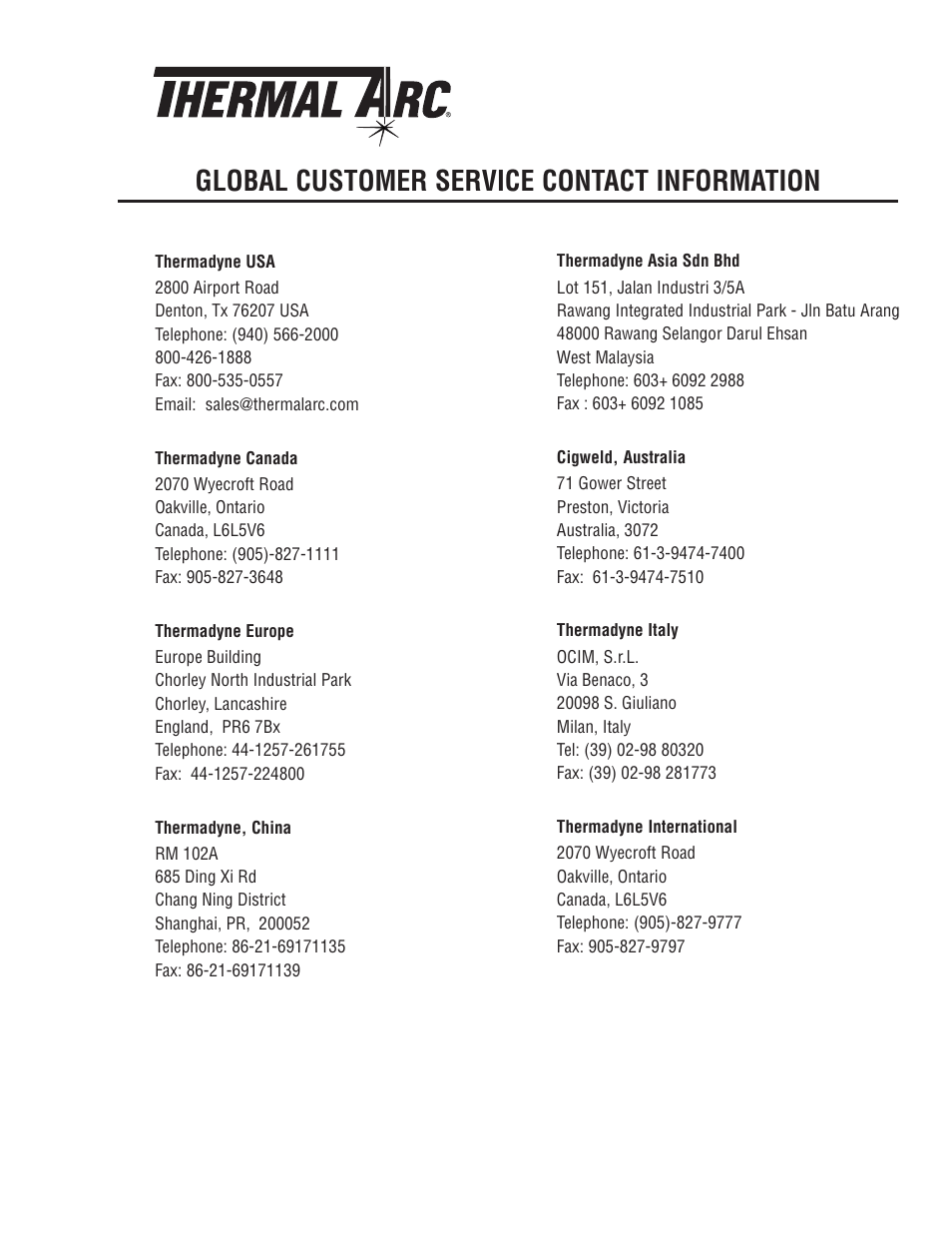 Global customer service contact information | Tweco 400 TS Arcmaster User Manual | Page 65 / 66