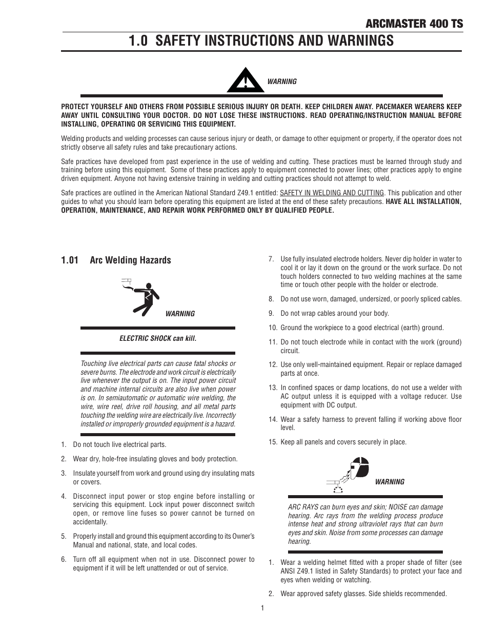 0 safety instructions and warnings, Arcmaster 400 ts | Tweco 400 TS Arcmaster User Manual | Page 7 / 66