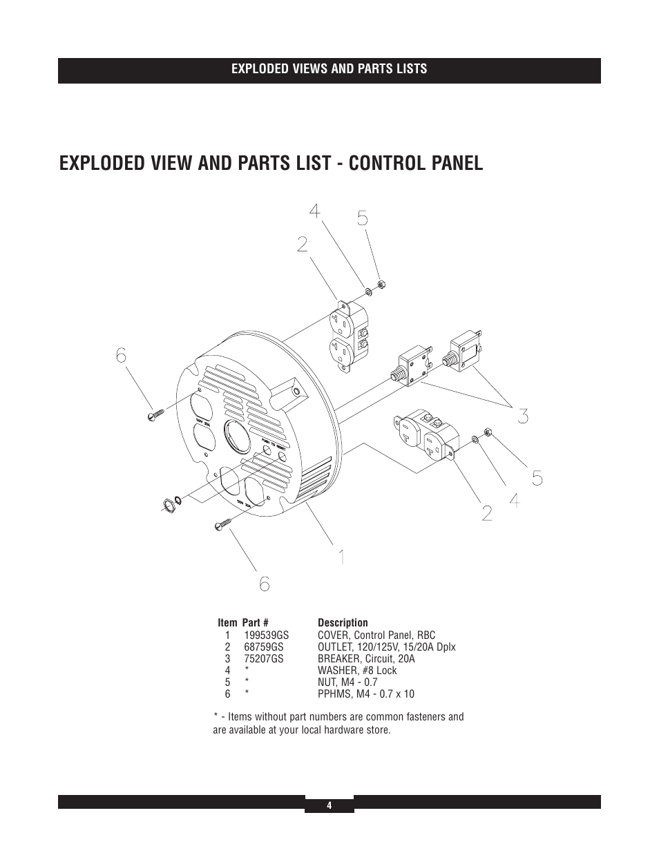 Exploded view and parts list - control panel | Briggs & Stratton 030319 User Manual | Page 4 / 6