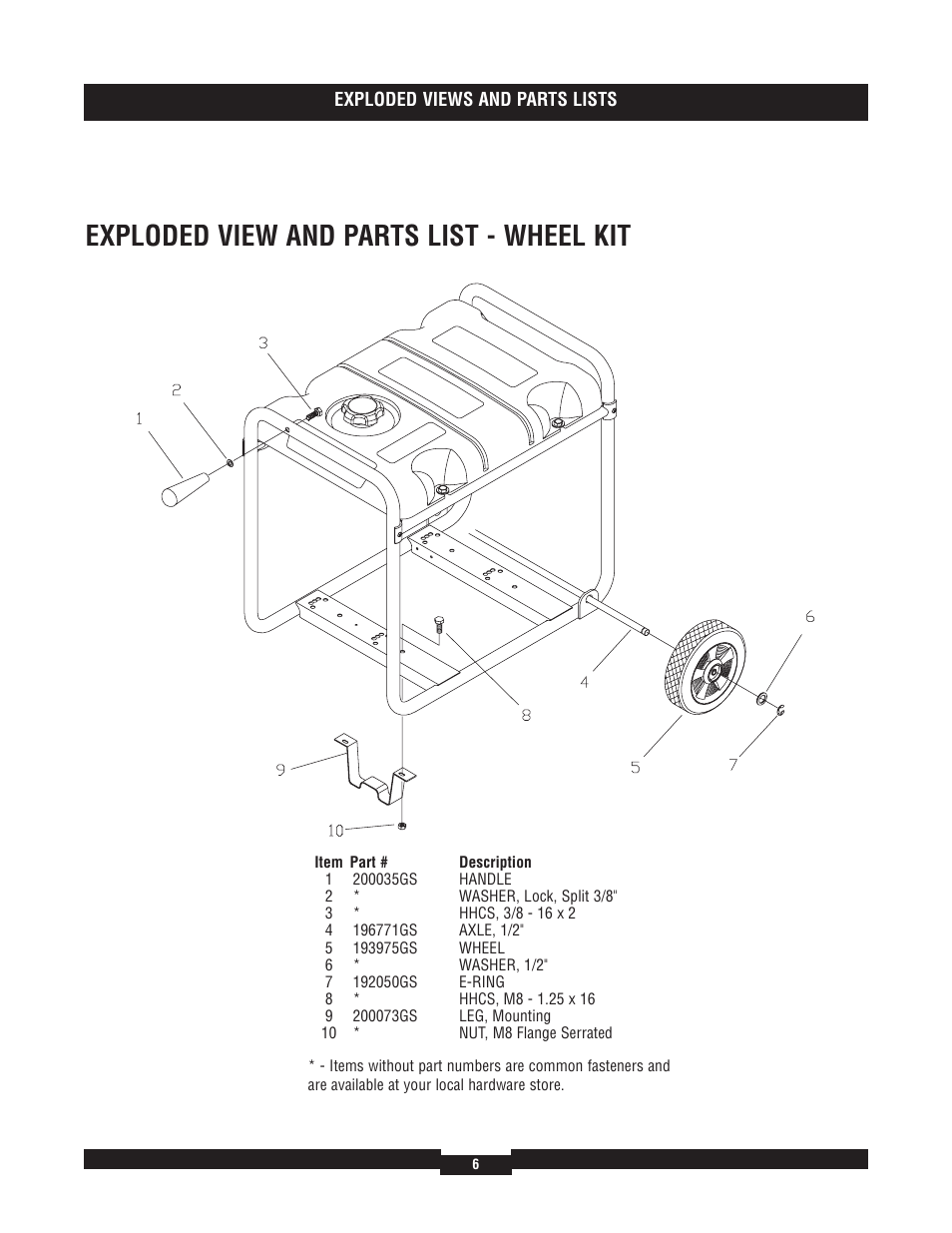 Exploded view and parts list - wheel kit | Briggs & Stratton 030319 User Manual | Page 6 / 6