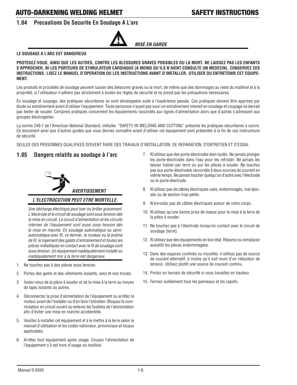 04 precautions de securite en soudage a l’arc, 05 dangers relatifs au soudage à l’arc, Precautions de securite en soudage a l’arc | Dangers relatifs au soudage à l’arc, Auto-darkening welding helmet safety instructions | Tweco Auto Darkening Welding Helmet User Manual | Page 11 / 37