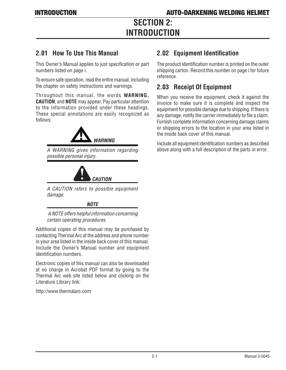 Section 2:introduction, 01 how to use this manual, 02 equipment identification | Section 2:introduction -1, How to use this manual -1, Equipment identification -1, Introduction auto-darkening welding helmet | Tweco Auto Darkening Welding Helmet User Manual | Page 16 / 37