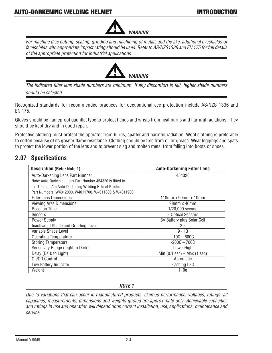 07 specifications, Specifications -4, Auto-darkening welding helmet introduction | Tweco Auto Darkening Welding Helmet User Manual | Page 19 / 37
