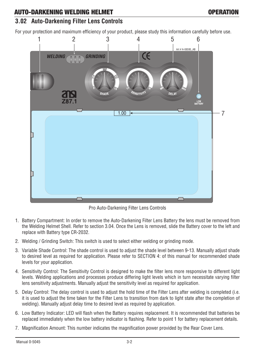 02 auto-darkening filter lens controls, Auto-darkening filter lens controls -2, Auto-darkening welding helmet operation | Tweco Auto Darkening Welding Helmet User Manual | Page 23 / 37