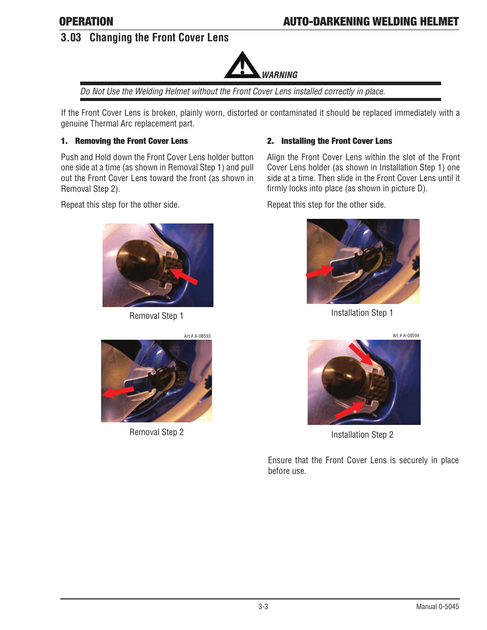 03 changing the front cover lens, Changing the front cover lens -3, Operation auto-darkening welding helmet | Tweco Auto Darkening Welding Helmet User Manual | Page 24 / 37