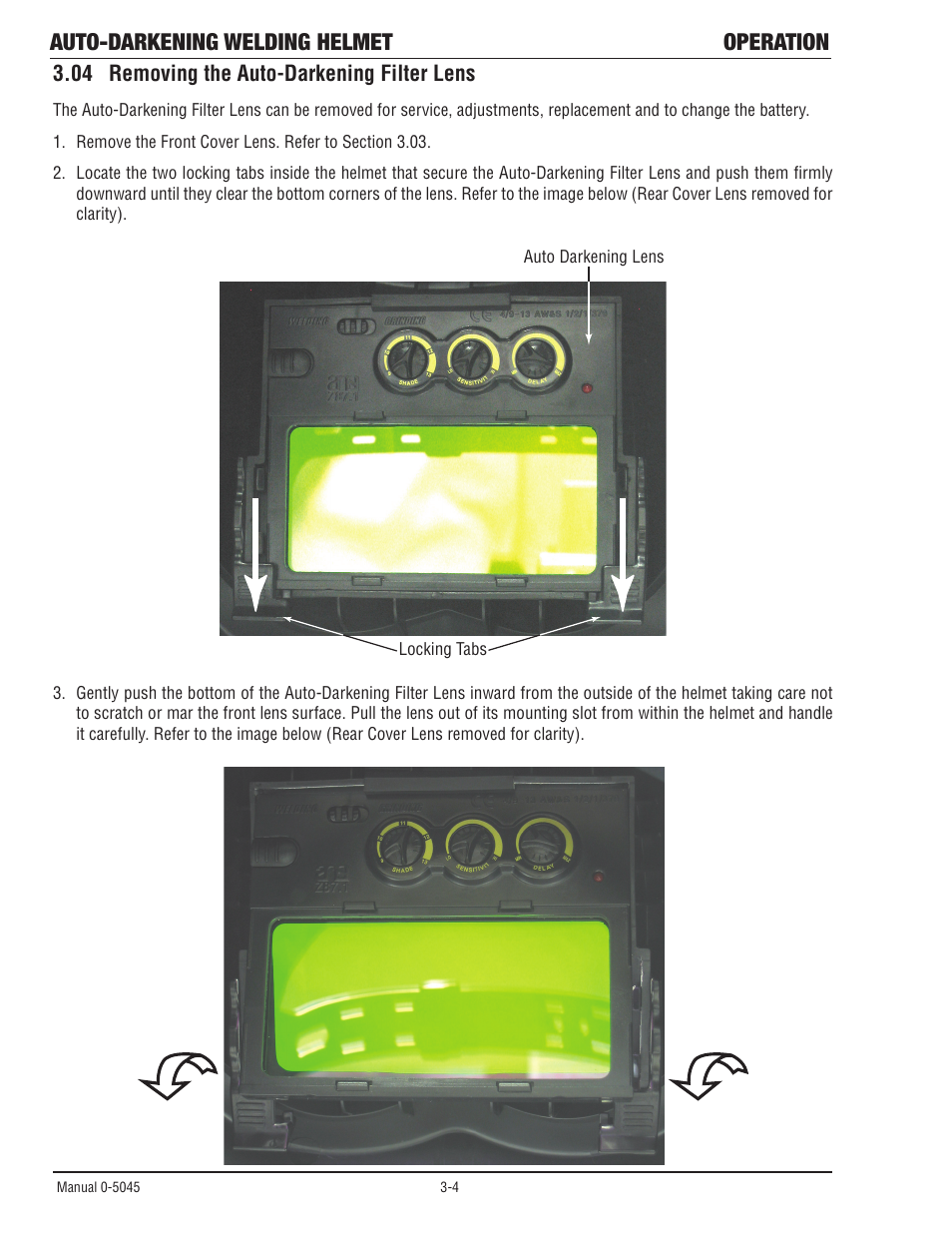 04 removing the auto-darkening filter lens, Removing the auto-darkening filter lens -4, Auto-darkening welding helmet operation | Tweco Auto Darkening Welding Helmet User Manual | Page 25 / 37