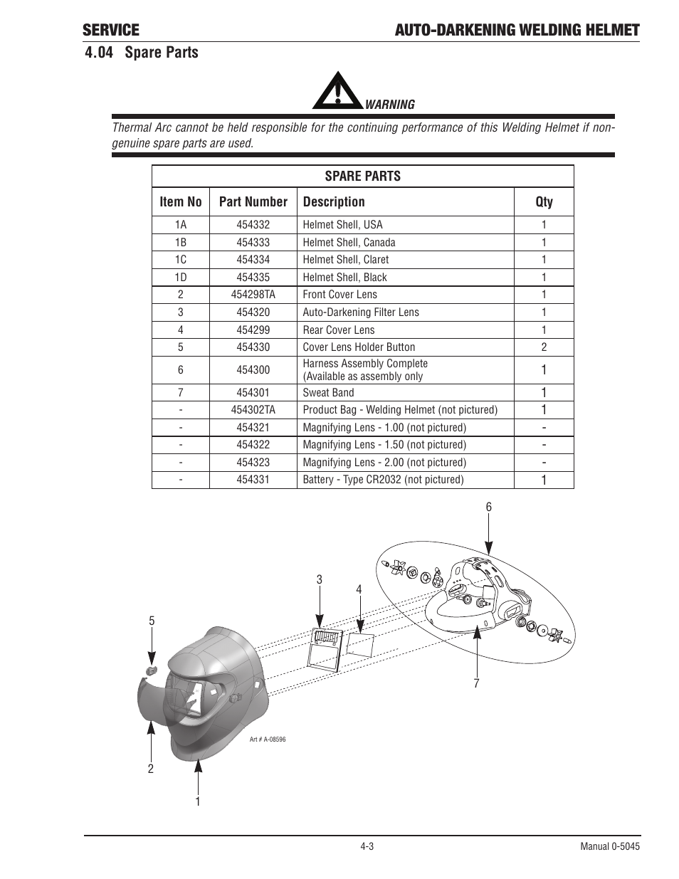 04 spare parts, Spare parts -3, Service auto-darkening welding helmet | Tweco Auto Darkening Welding Helmet User Manual | Page 30 / 37