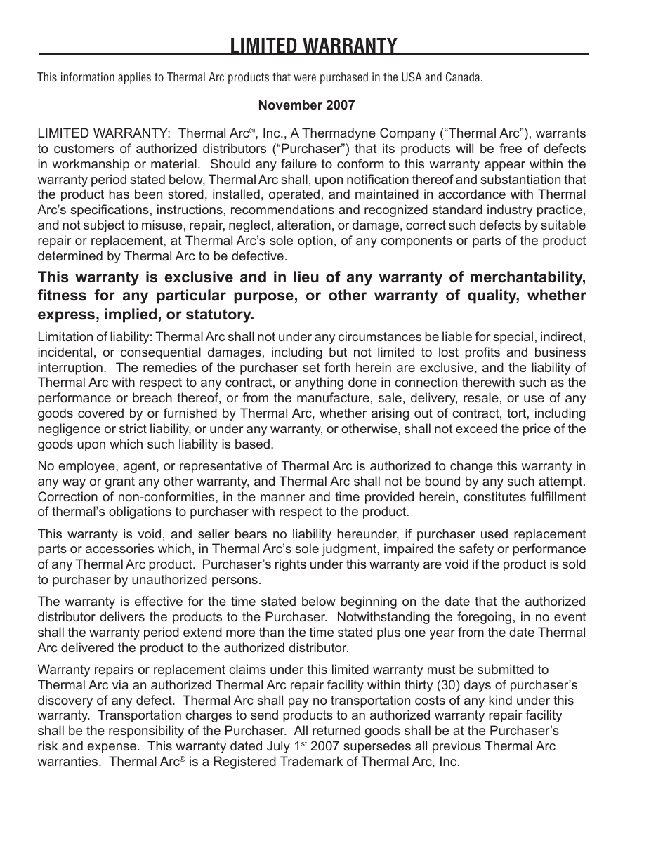 Limited warranty | Tweco Auto Darkening Welding Helmet User Manual | Page 33 / 37