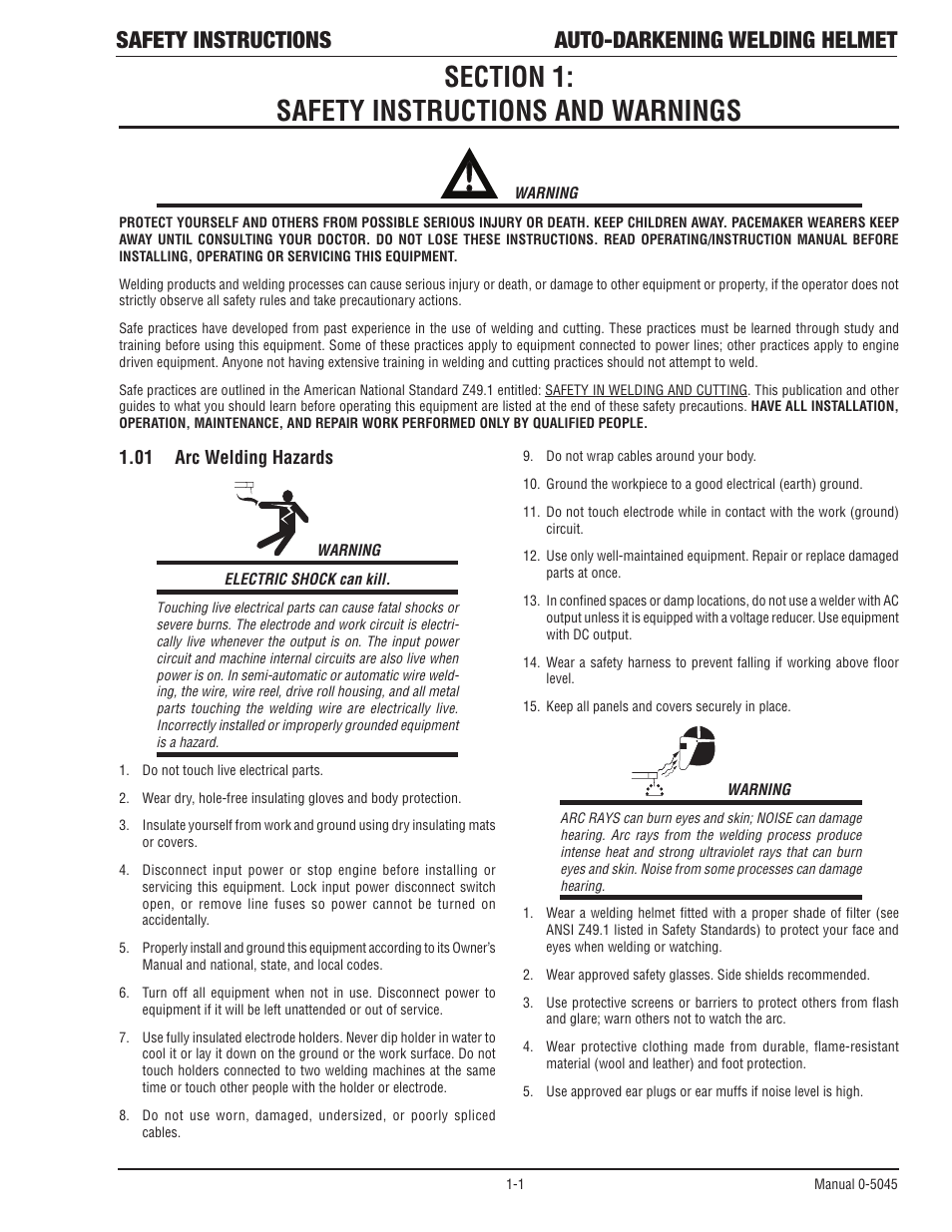 Section 1:safety instructions and warnings, 01 arc welding hazards, Arc welding hazards | Safety instructions auto-darkening welding helmet | Tweco Auto Darkening Welding Helmet User Manual | Page 6 / 37