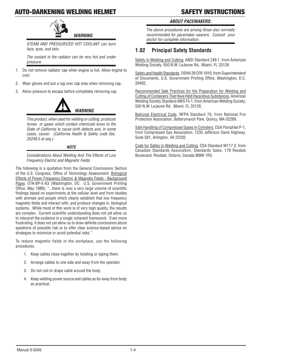 02 principal safety standards, Principal safety standards, Auto-darkening welding helmet safety instructions | Tweco Auto Darkening Welding Helmet User Manual | Page 9 / 37