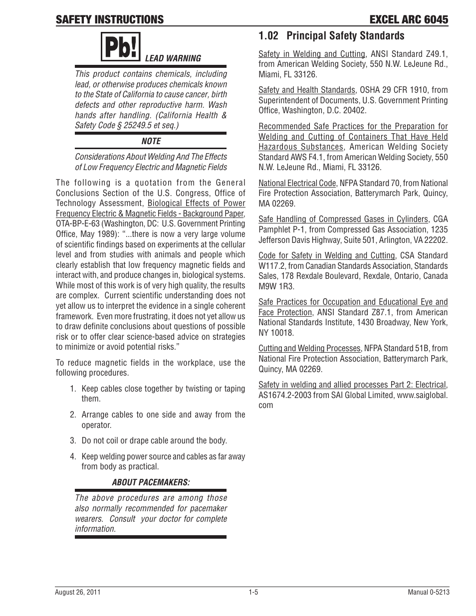 02 principal safety standards, Safety instructions excel arc 6045 | Tweco 6045 Excel Arc User Manual | Page 11 / 48