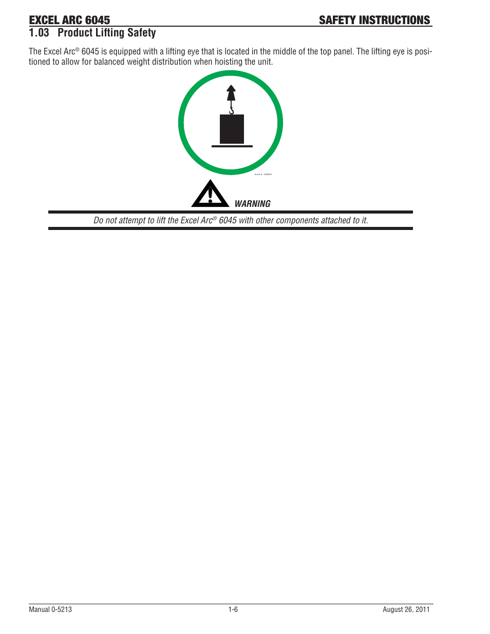 03 product lifting safety, Excel arc 6045 safety instructions | Tweco 6045 Excel Arc User Manual | Page 12 / 48