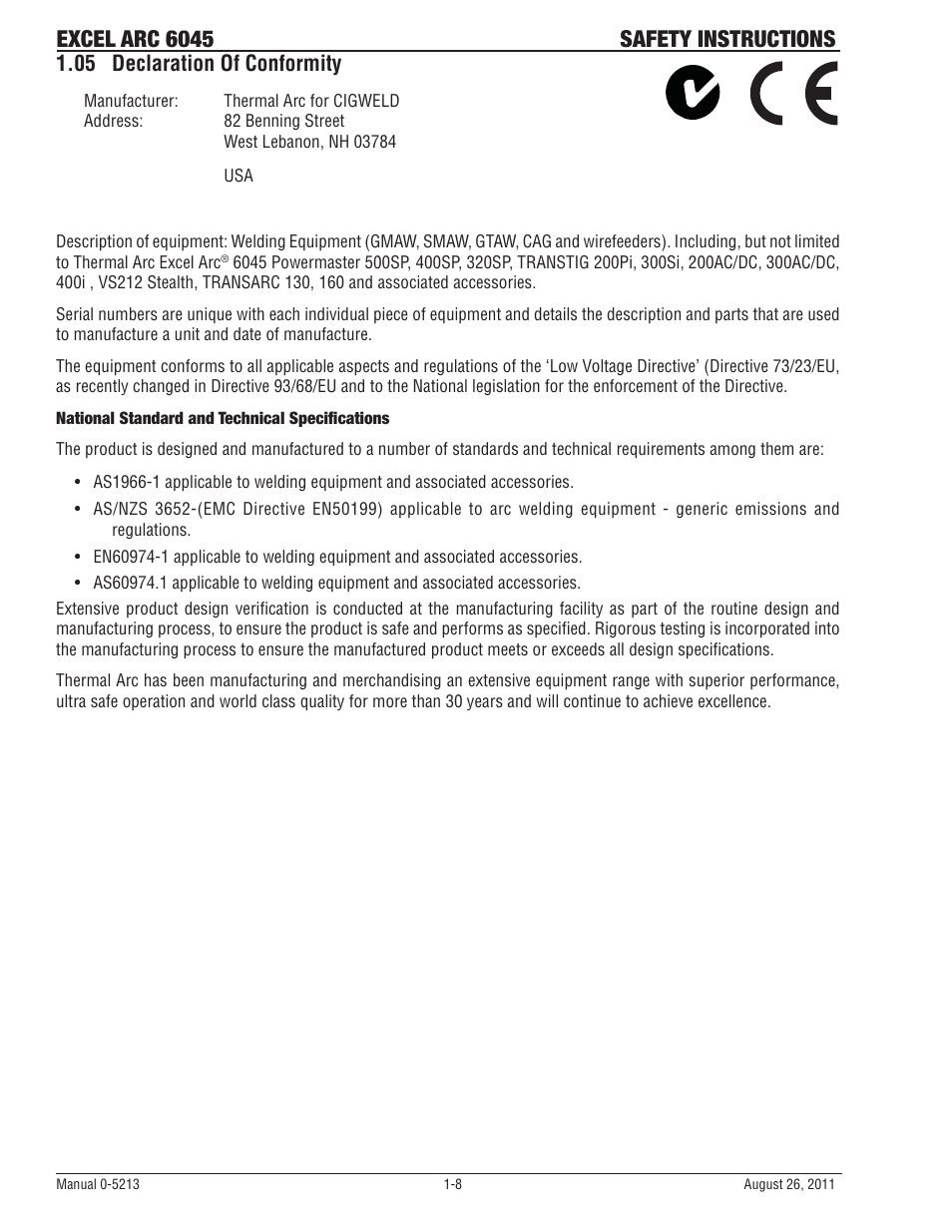 05 declaration of conformity, Excel arc 6045 safety instructions | Tweco 6045 Excel Arc User Manual | Page 14 / 48