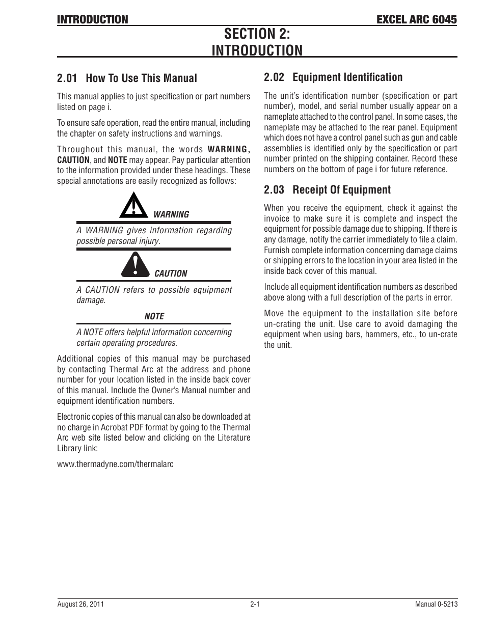 Section 2: introduction, 01 how to use this manual, 02 equipment identifi cation | 03 receipt of equipment, Introduction excel arc 6045 | Tweco 6045 Excel Arc User Manual | Page 15 / 48