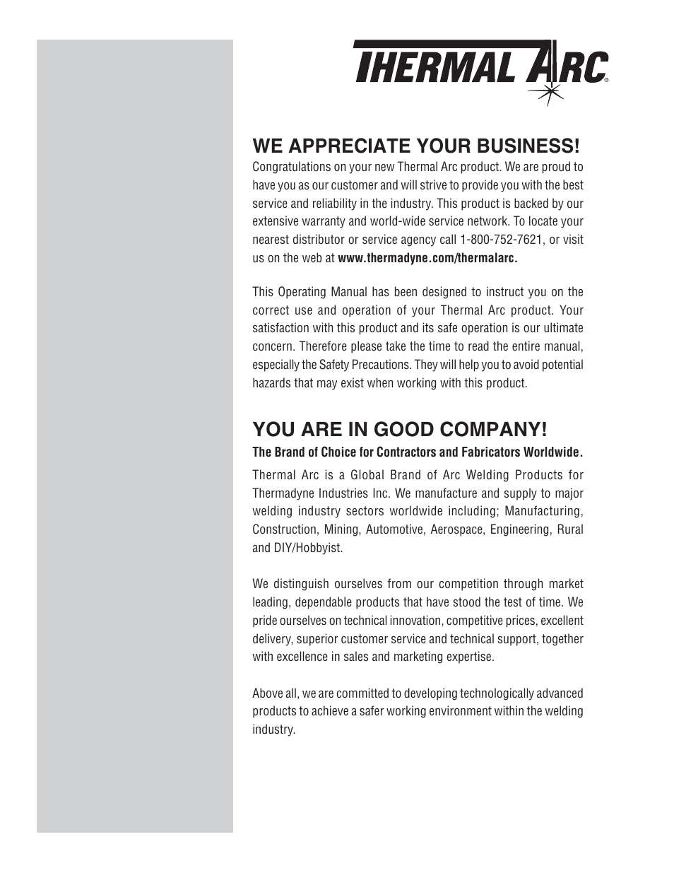 We appreciate your business, You are in good company | Tweco 6045 Excel Arc User Manual | Page 2 / 48