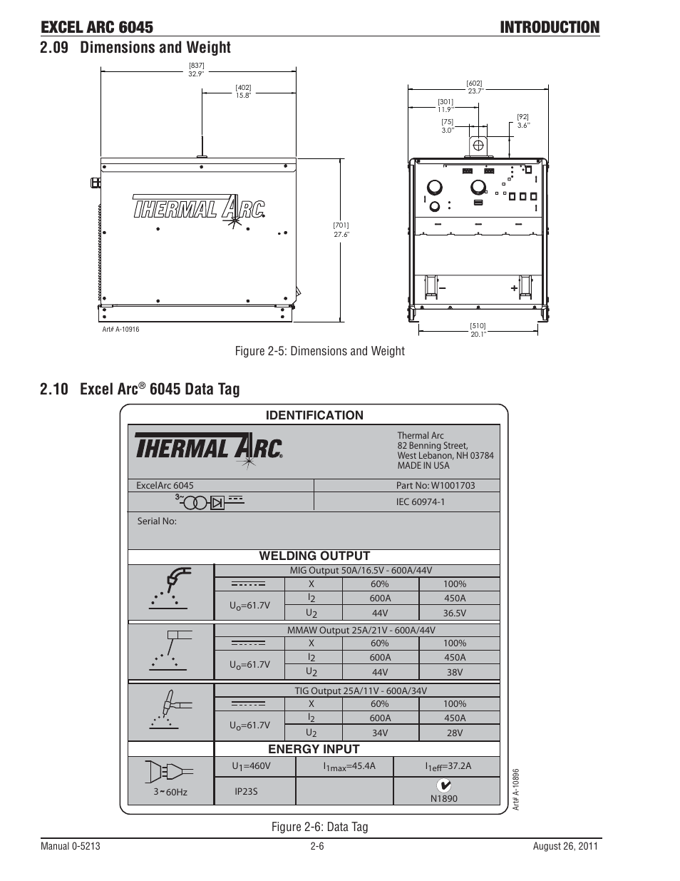 09 dimensions and weight, 10 excel arc® 6045 data tag, Excel arc 6045 introduction | 10 excel arc, 6045 data tag, Figure 2-5: dimensions and weight, Identification welding output energy input, Figure 2-6: data tag | Tweco 6045 Excel Arc User Manual | Page 20 / 48