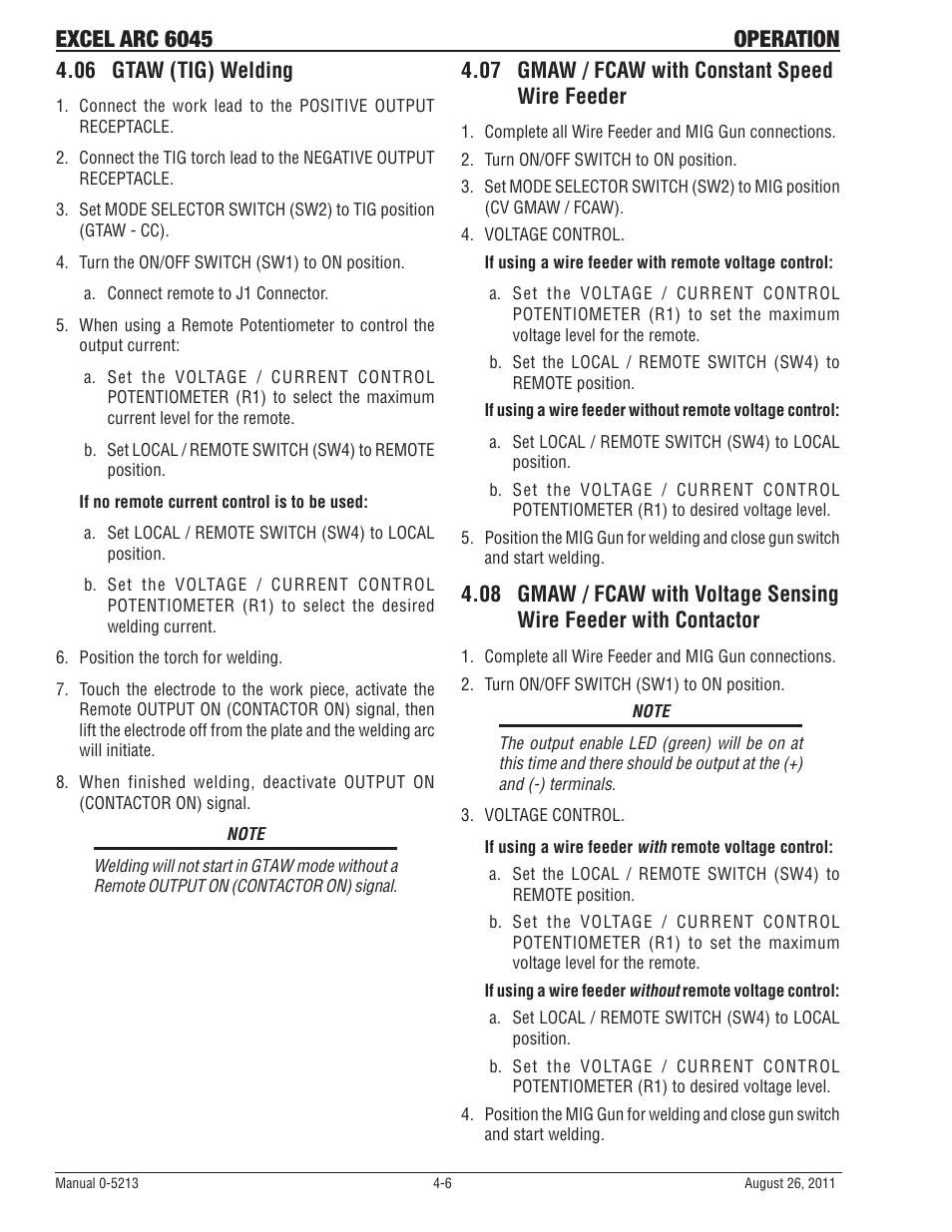 06 gtaw (tig) welding, 07 gmaw / fcaw with constant speed wire feeder, Excel arc 6045 operation | Tweco 6045 Excel Arc User Manual | Page 32 / 48