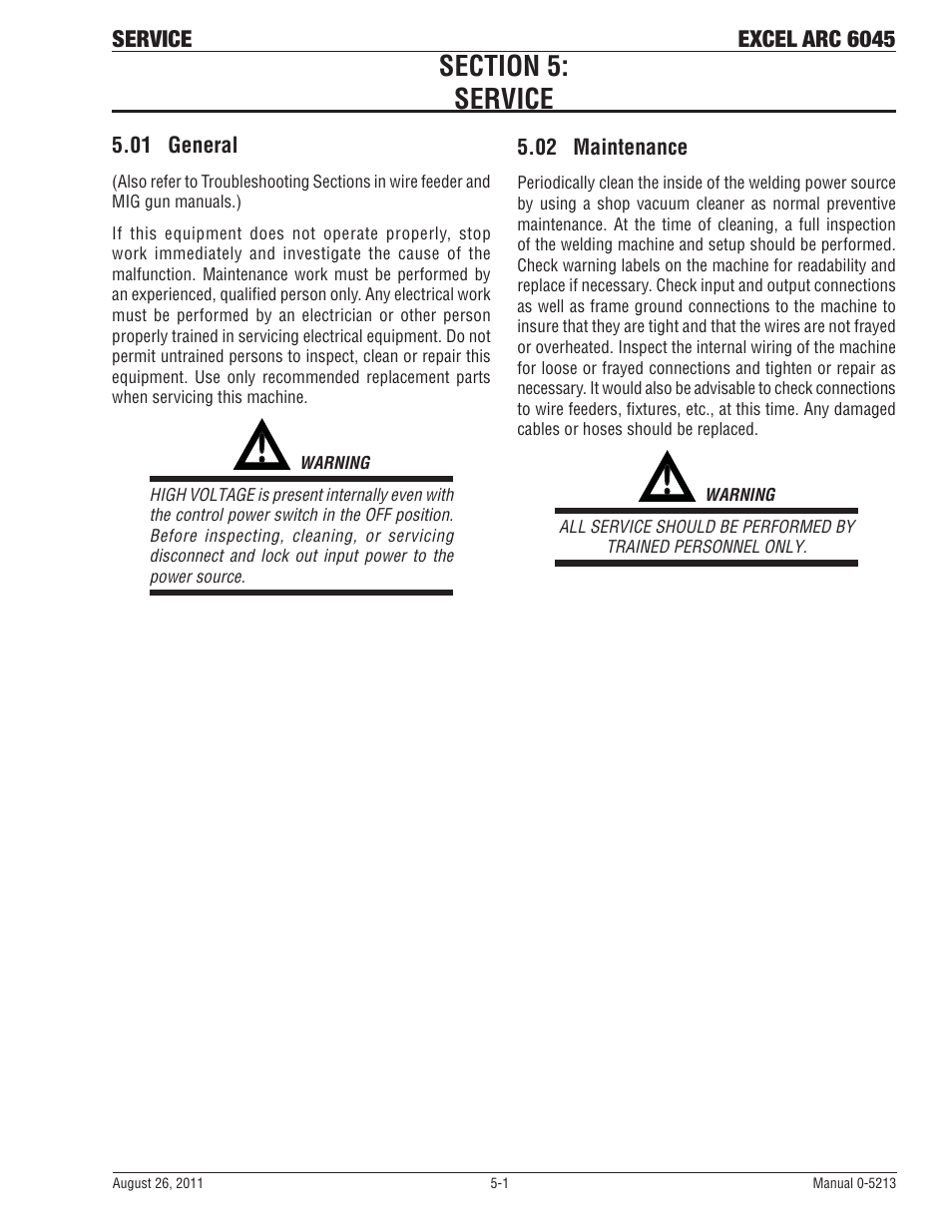 Section 5: service, 01 general, 02 maintenance | Tweco 6045 Excel Arc User Manual | Page 33 / 48