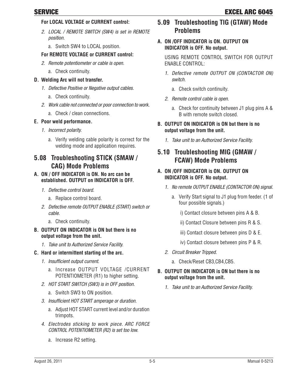 08 troubleshooting stick (smaw /cag) mode problems, 09 troubleshooting tig (gtaw) modeproblems, 10 troubleshooting mig (gmaw /fcaw) mode problems | Service excel arc 6045, 09 troubleshooting tig (gtaw) mode problems, 10 troubleshooting mig (gmaw / fcaw) mode problems | Tweco 6045 Excel Arc User Manual | Page 37 / 48