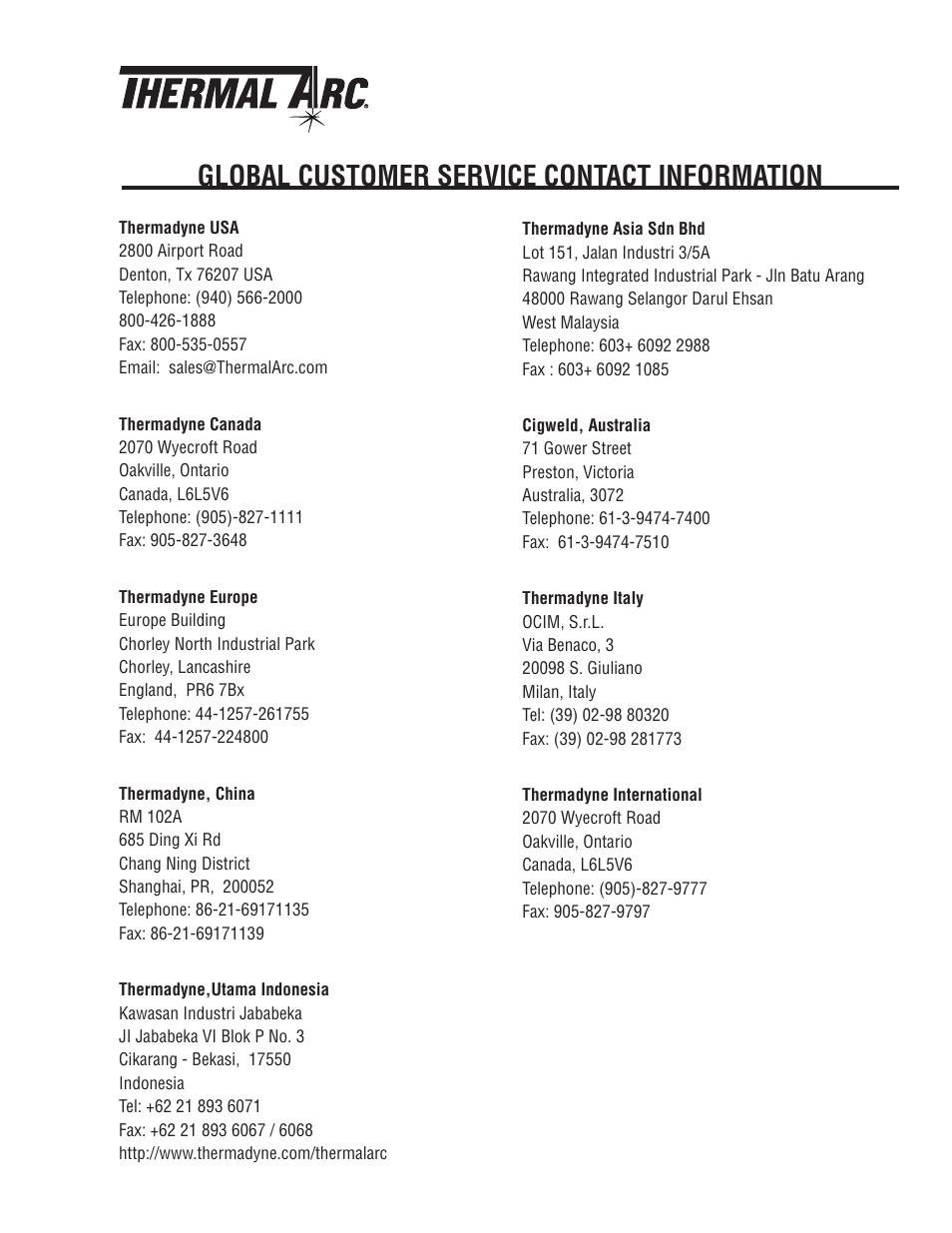Global customer service contact information | Tweco 6045 Excel Arc User Manual | Page 47 / 48
