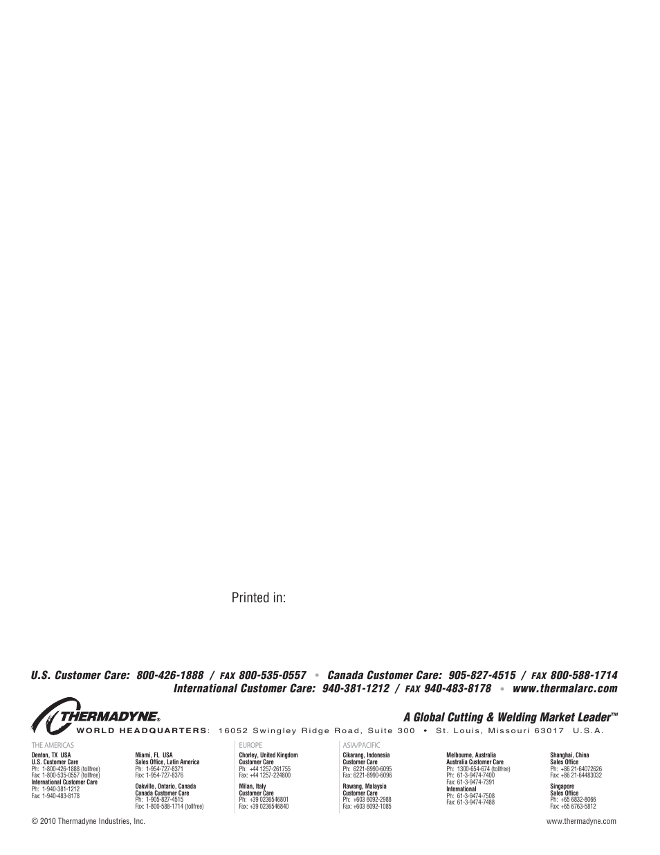 Printed in, A global cutting & welding market leader | Tweco 6045 Excel Arc User Manual | Page 48 / 48