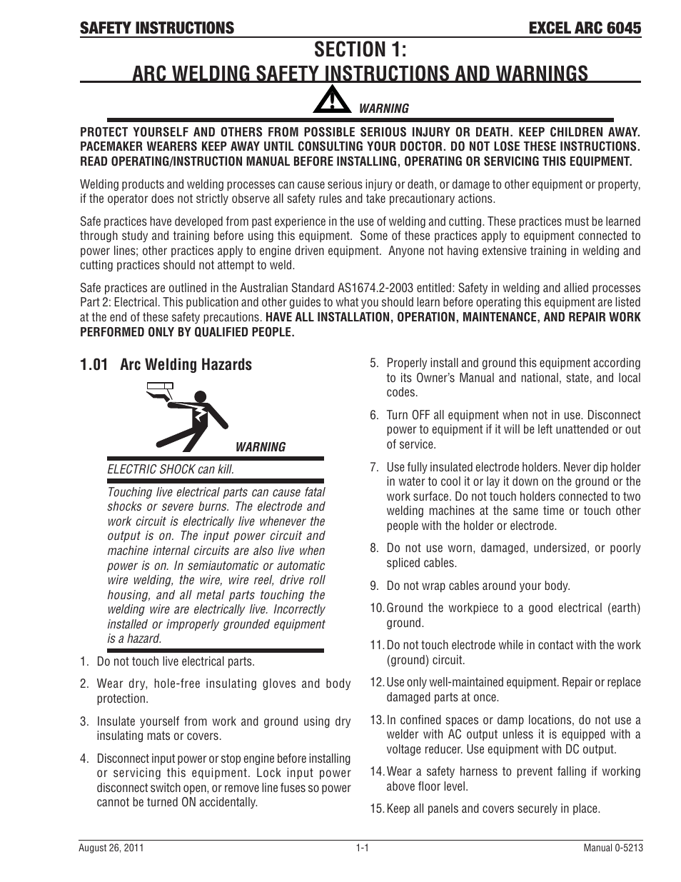 01 arc welding hazards, Safety instructions excel arc 6045 | Tweco 6045 Excel Arc User Manual | Page 7 / 48