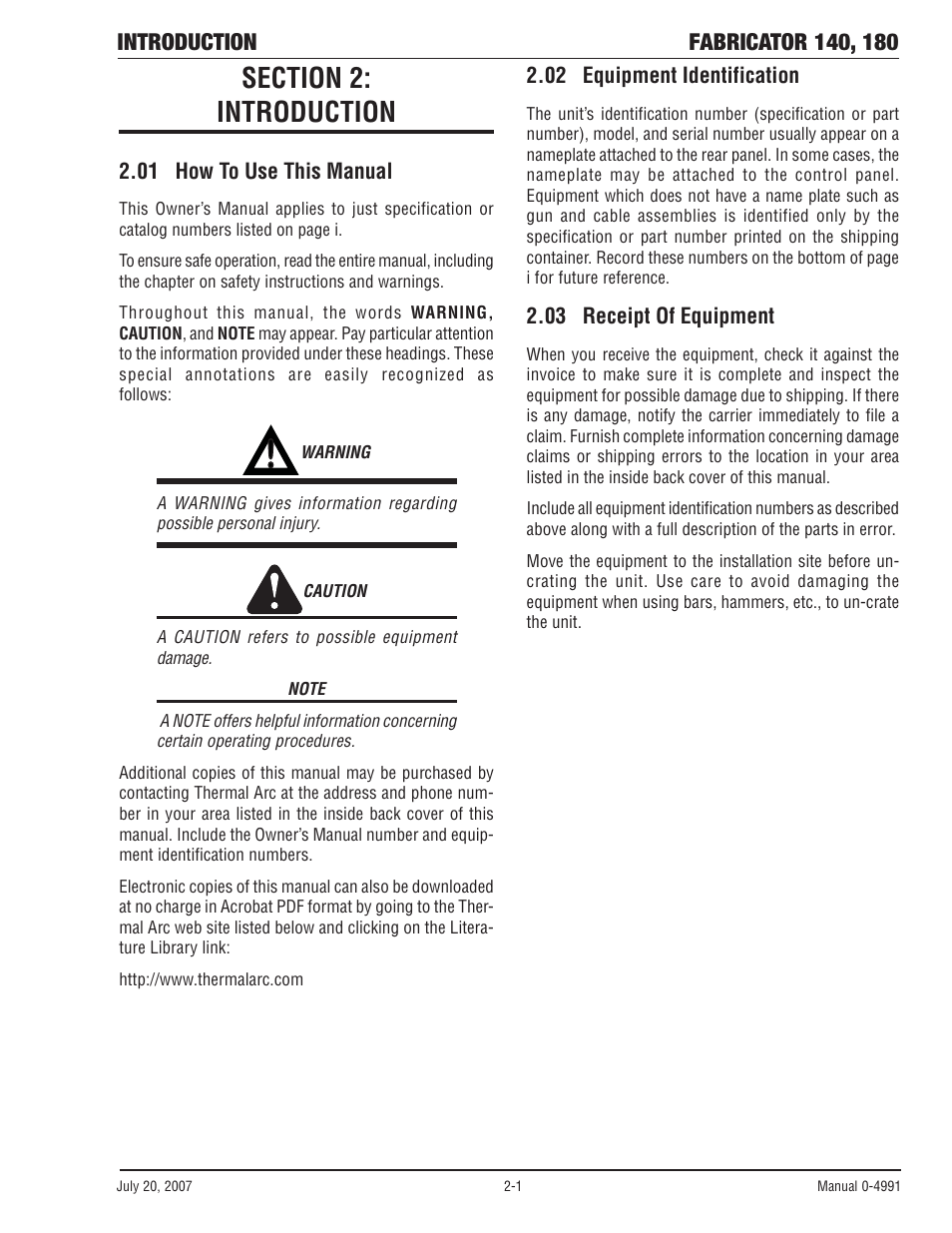 Section 2: introduction, 01 how to use this manual, 02 equipment identification | 03 receipt of equipment, Section 2, Introduction -1 | Tweco 180 Portable MIG User Manual | Page 17 / 68