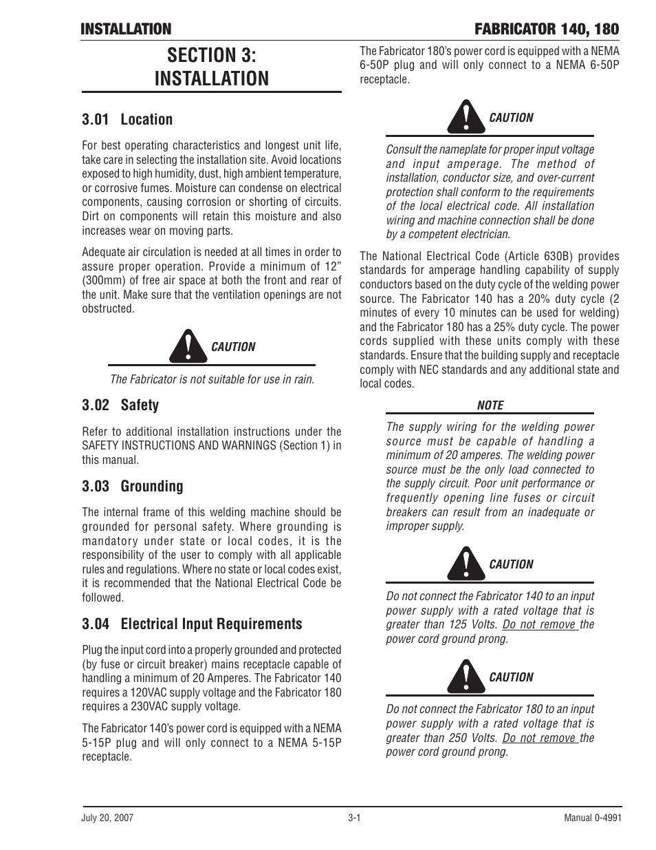 Section 3: installation, 01 location, 02 safety | 03 grounding, 04 electrical input requirements, Section 3, Installation -1 | Tweco 180 Portable MIG User Manual | Page 25 / 68