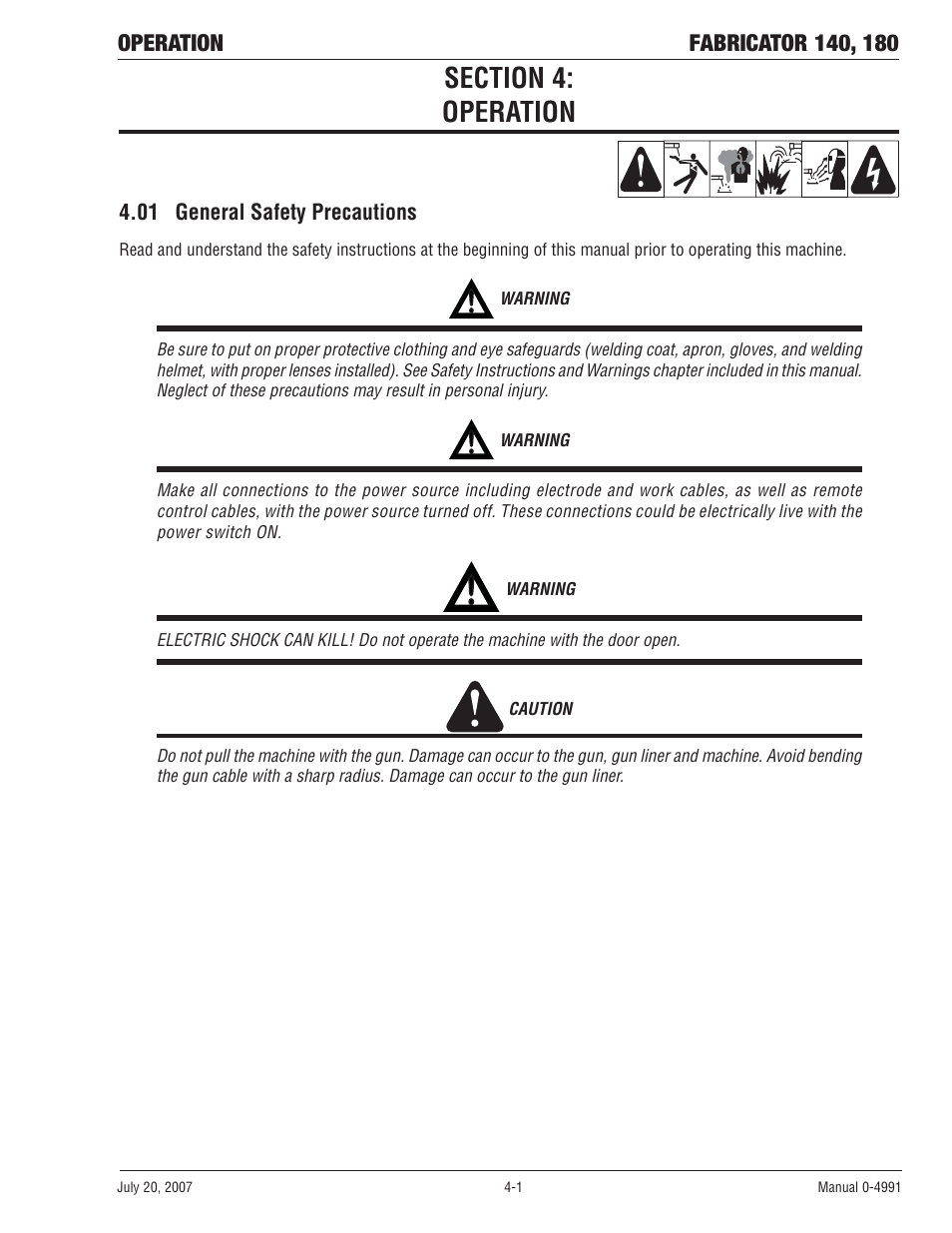 Section 4: operation, 01 general safety precautions, Section 4 | Operation -1, 01 general safety precautions -1 | Tweco 180 Portable MIG User Manual | Page 37 / 68