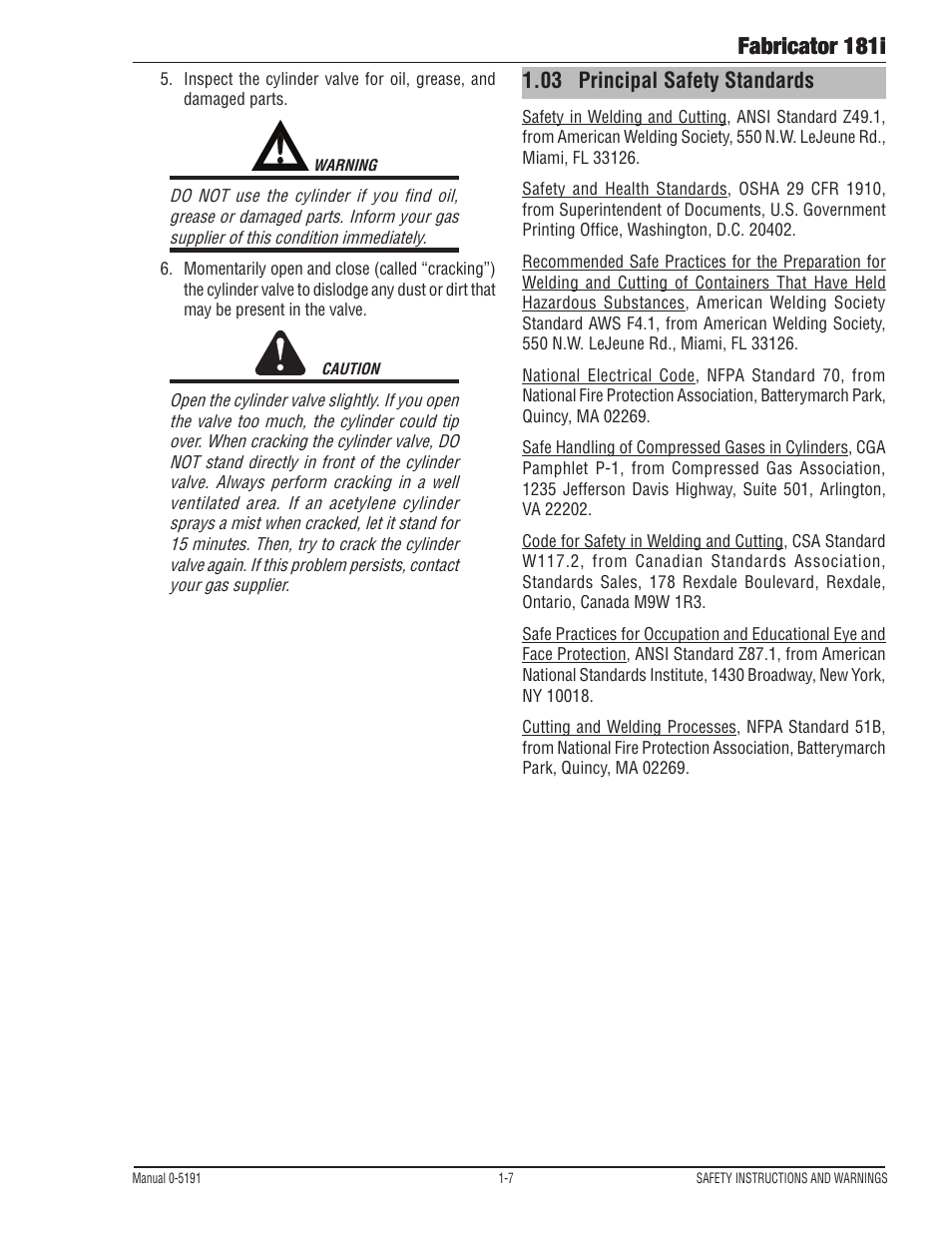 03 principal safety standards, Principal safety standards -7, Fabricator 181i | Tweco 181i Thermal Arc Fabricator User Manual | Page 13 / 96