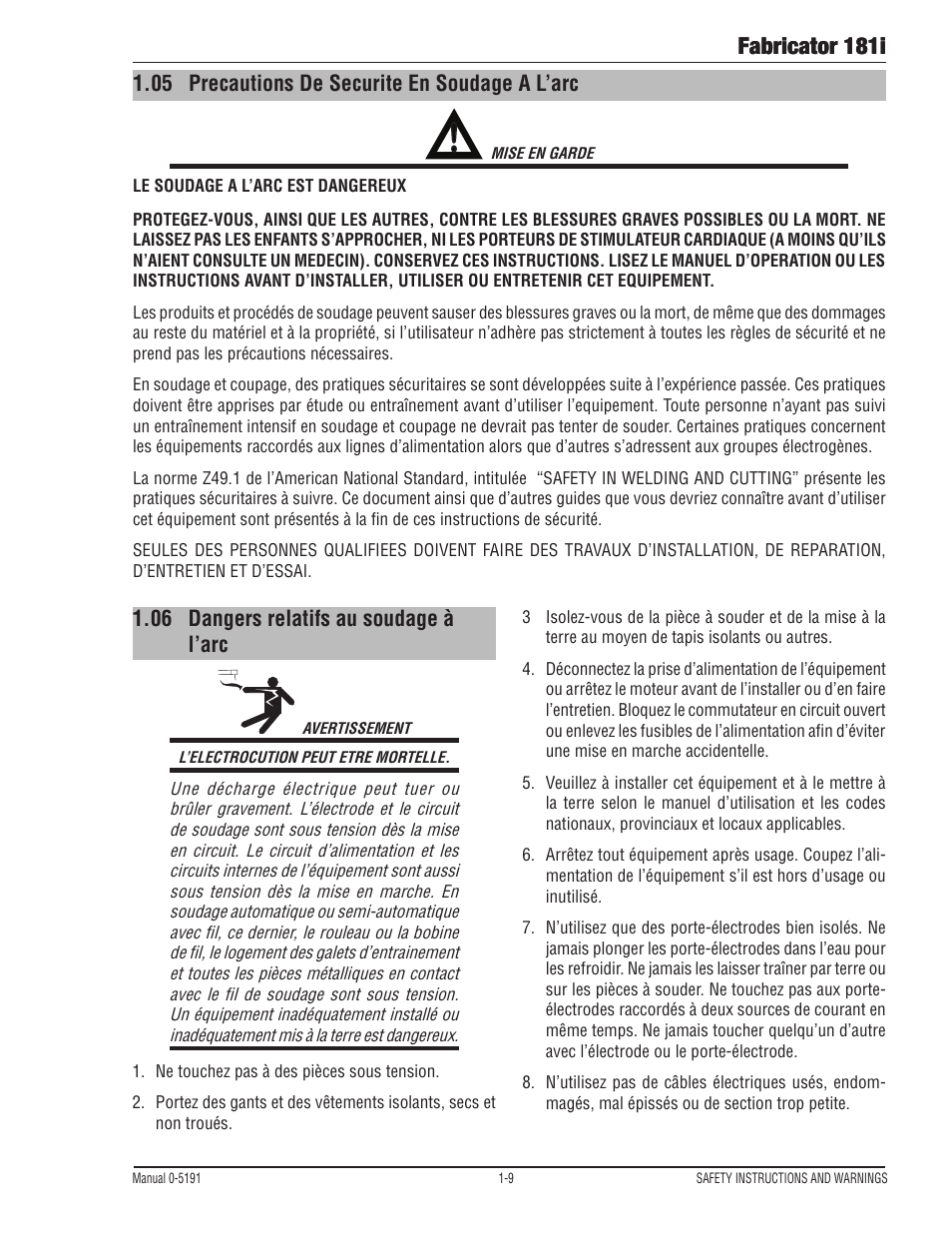05 precautions de securite en soudage a l’arc, 06 dangers relatifs au soudage à l’arc, Precautions de securite en soudage a l’arc -9 | Dangers relatifs au soudage à l’arc -9, Fabricator 181i | Tweco 181i Thermal Arc Fabricator User Manual | Page 15 / 96