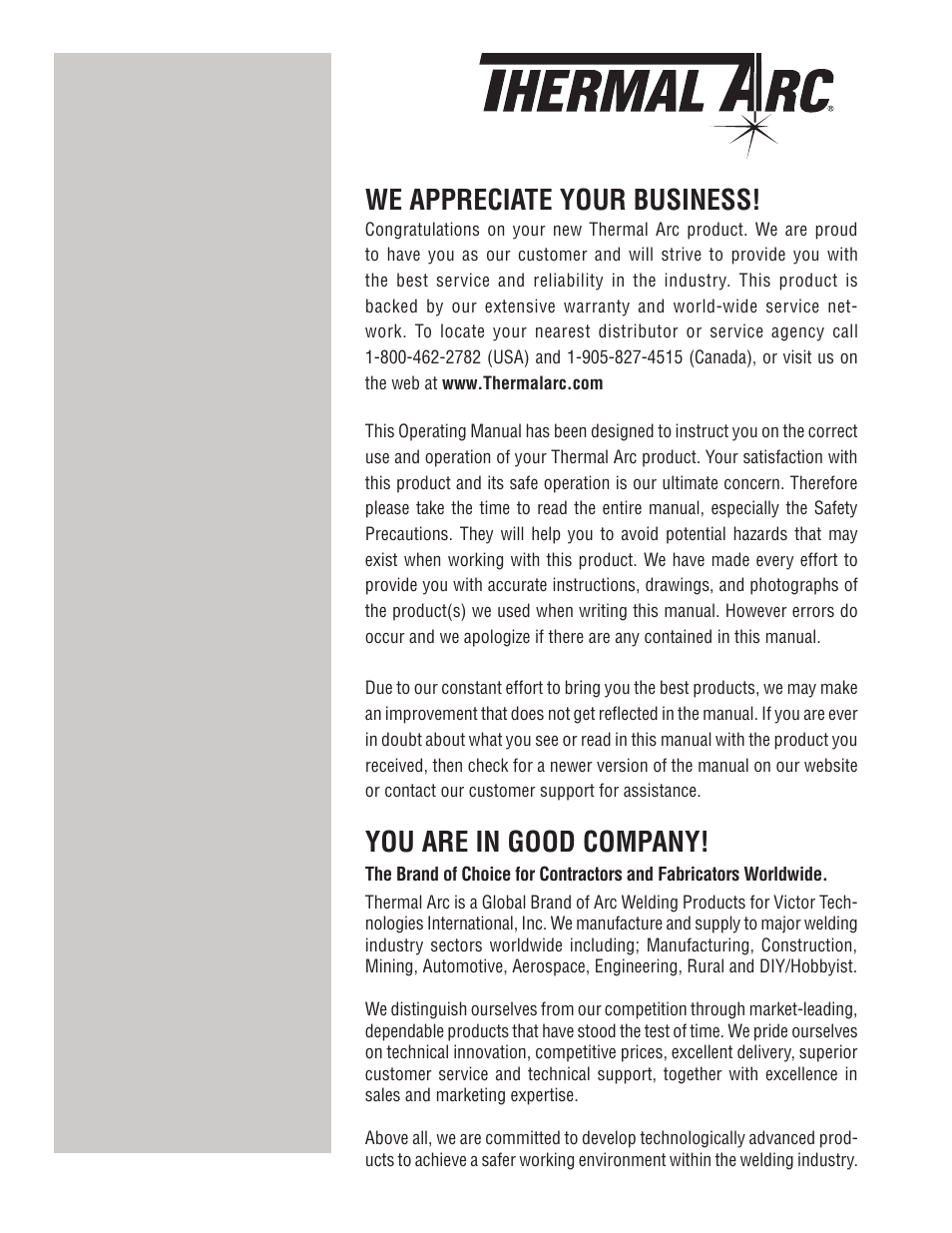 We appreciate your business, You are in good company | Tweco 181i Thermal Arc Fabricator User Manual | Page 2 / 96