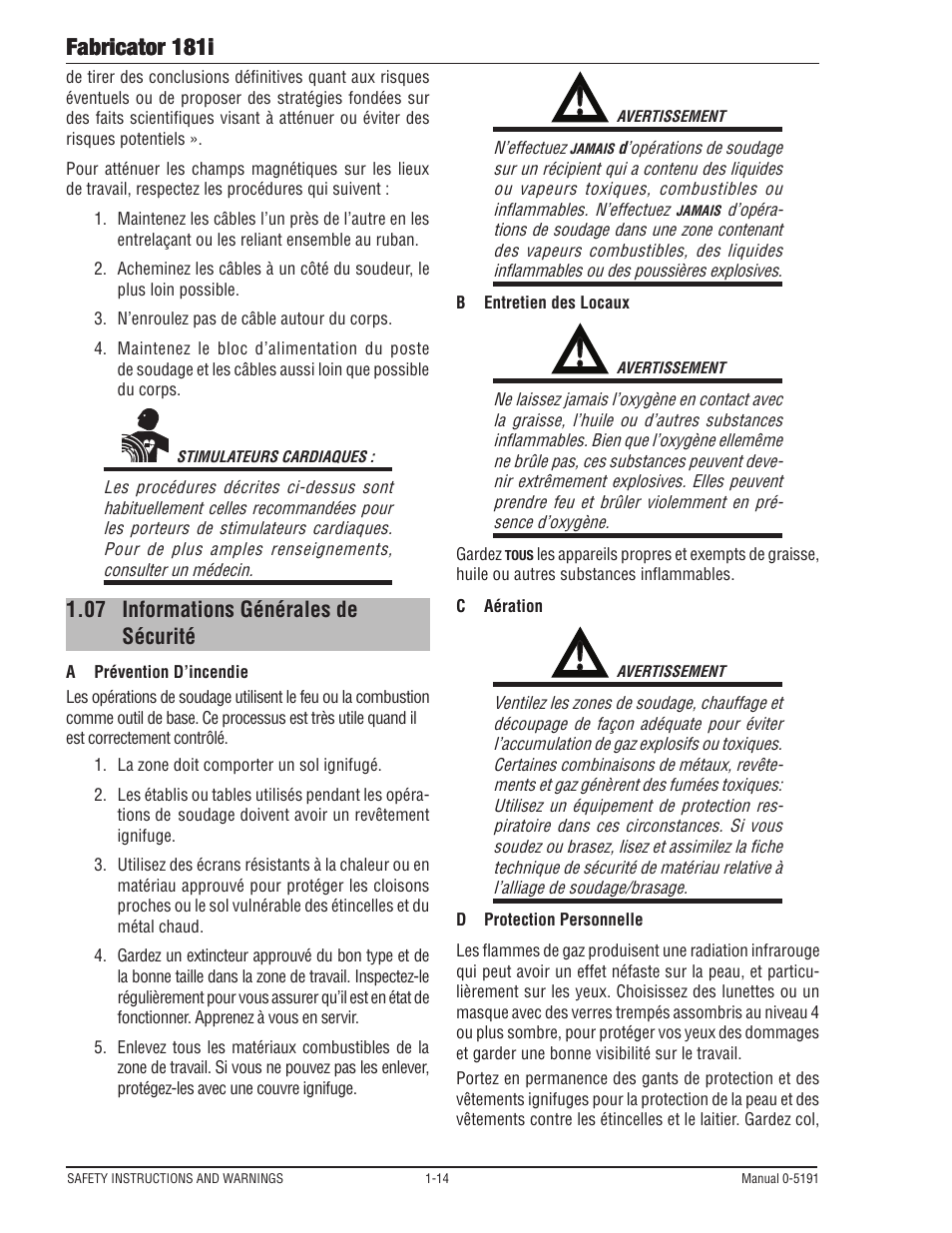 07 informations générales de sécurité, Informations générales de sécurité -14, Fabricator 181i | Tweco 181i Thermal Arc Fabricator User Manual | Page 20 / 96