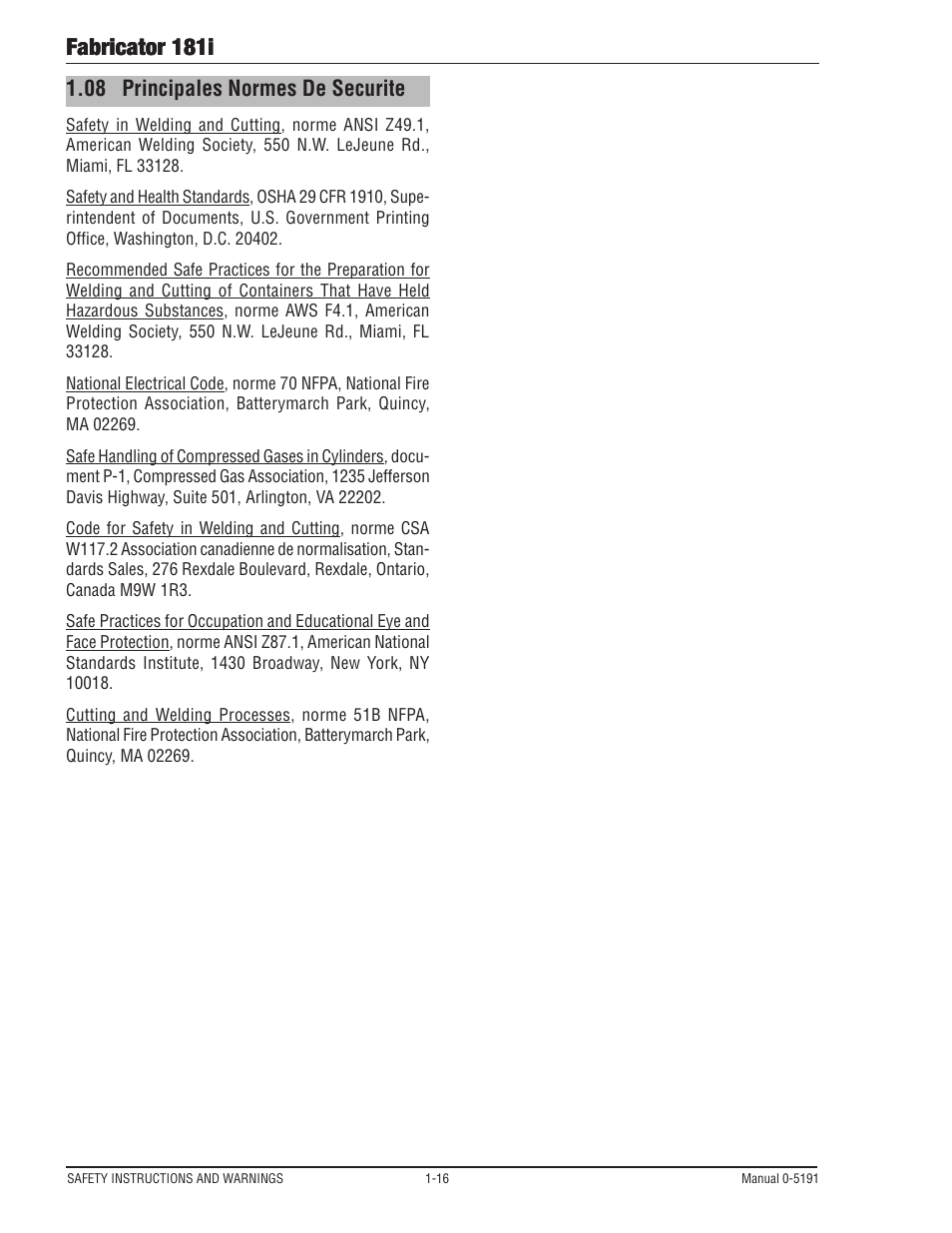08 principales normes de securite, Principales normes de securite -16, Fabricator 181i | Tweco 181i Thermal Arc Fabricator User Manual | Page 22 / 96