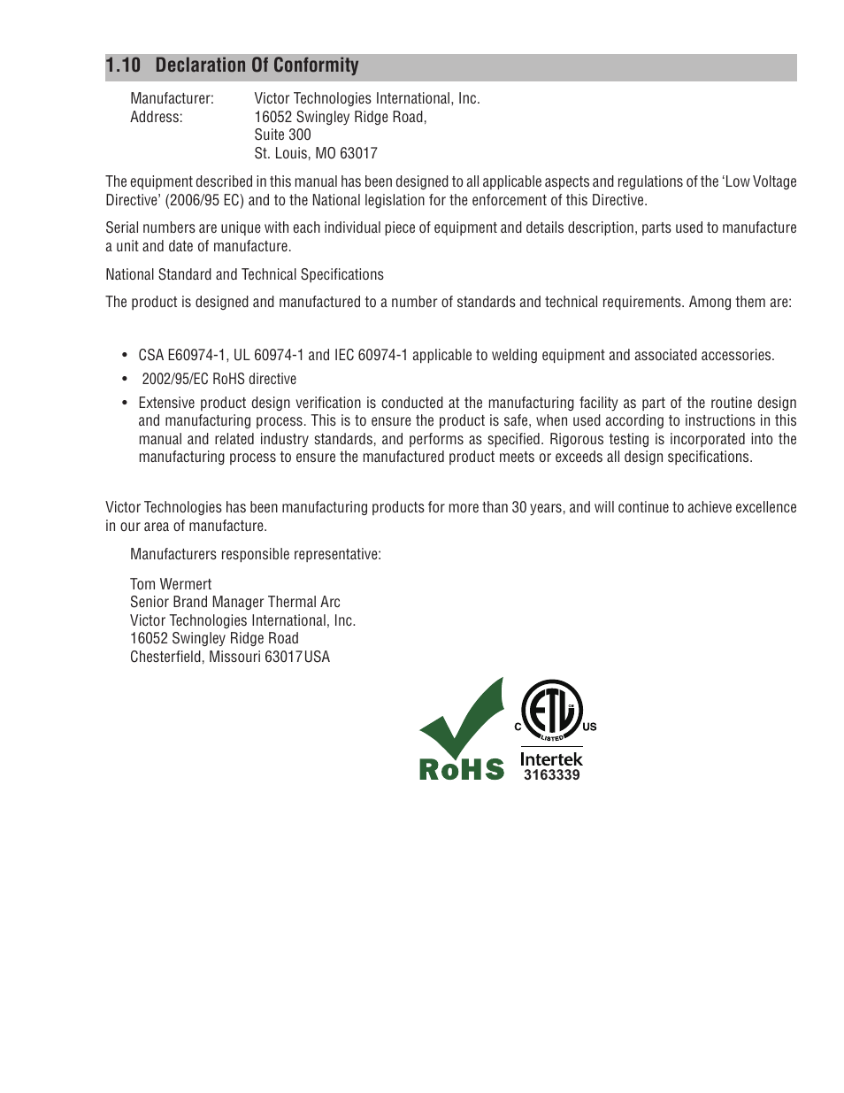 10 declaration of conformity, Declaration of conformity -18 | Tweco 181i Thermal Arc Fabricator User Manual | Page 24 / 96