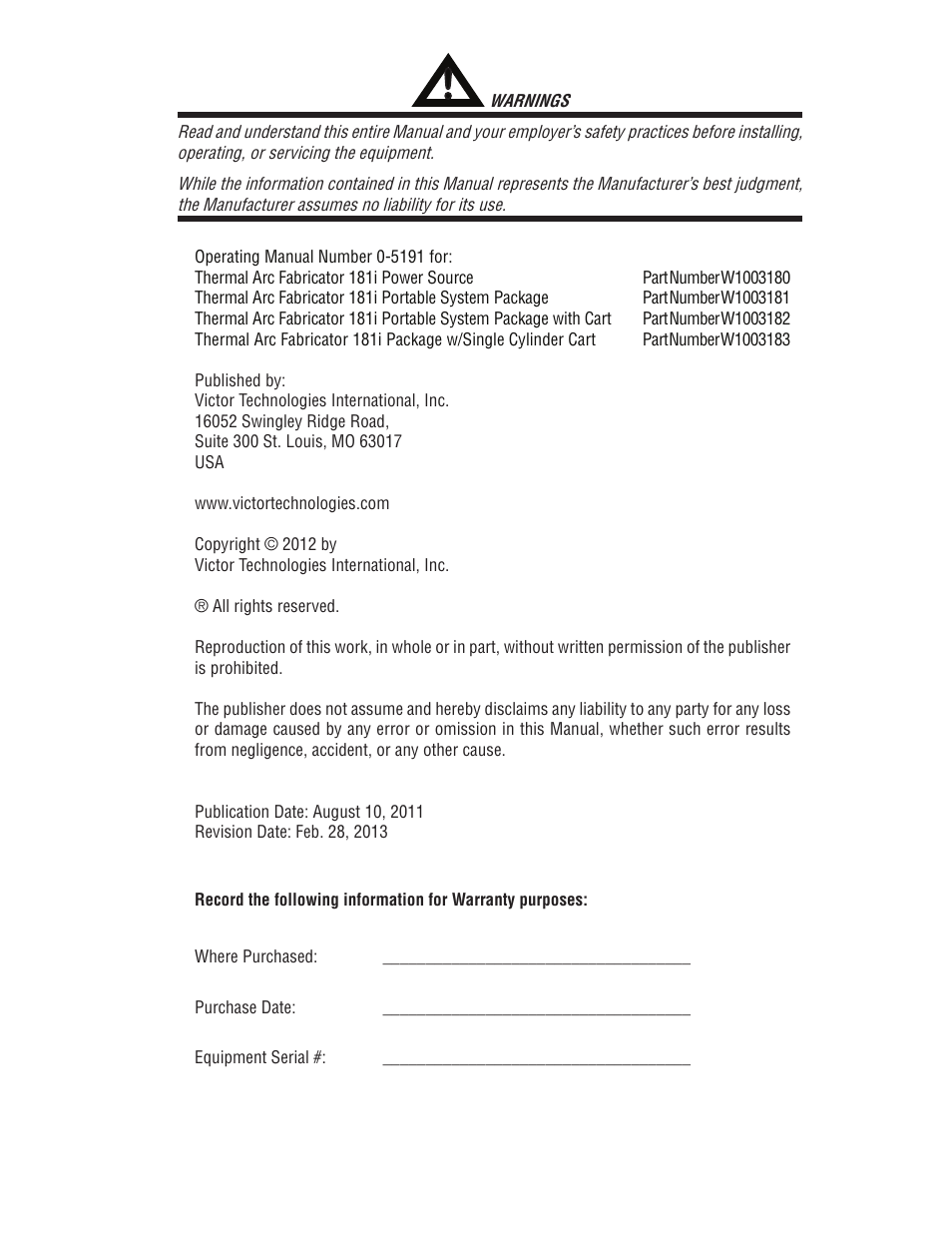 Tweco 181i Thermal Arc Fabricator User Manual | Page 3 / 96