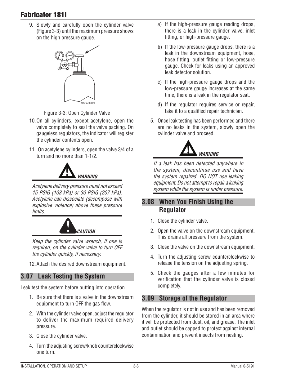 07 leak testing the system, 08 when you finish using the regulator, 09 storage of the regulator | Leak testing the system -6, When you finish using the regulator -6, Storage of the regulator -6, Fabricator 181i | Tweco 181i Thermal Arc Fabricator User Manual | Page 36 / 96