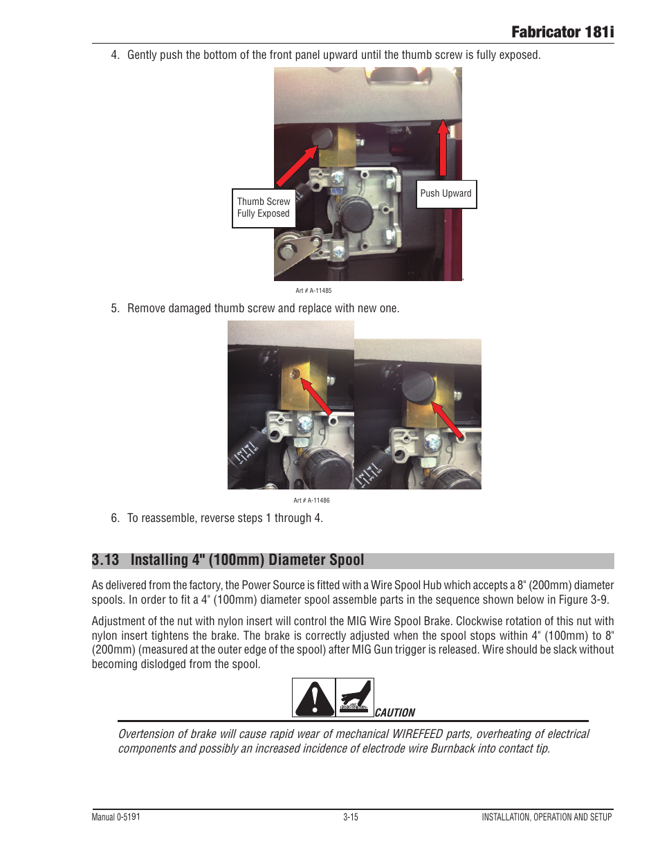 13 installing 4" (100mm) diameter spool, Installing 4" (100mm) diameter spool -15, Fabricator 181i | Tweco 181i Thermal Arc Fabricator User Manual | Page 45 / 96
