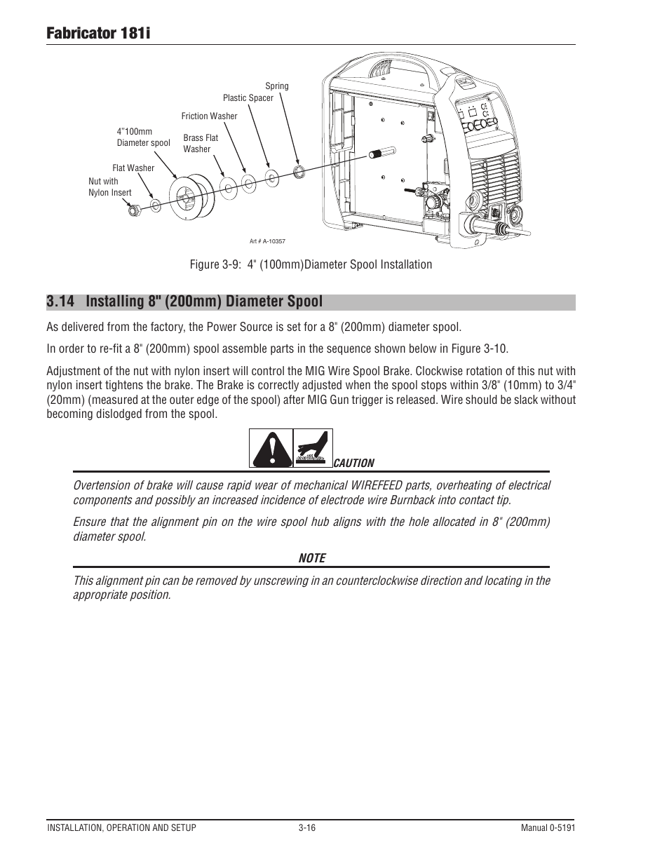 14 installing 8" (200mm) diameter spool, Installing 8" (200mm) diameter spool -16, Fabricator 181i | Tweco 181i Thermal Arc Fabricator User Manual | Page 46 / 96