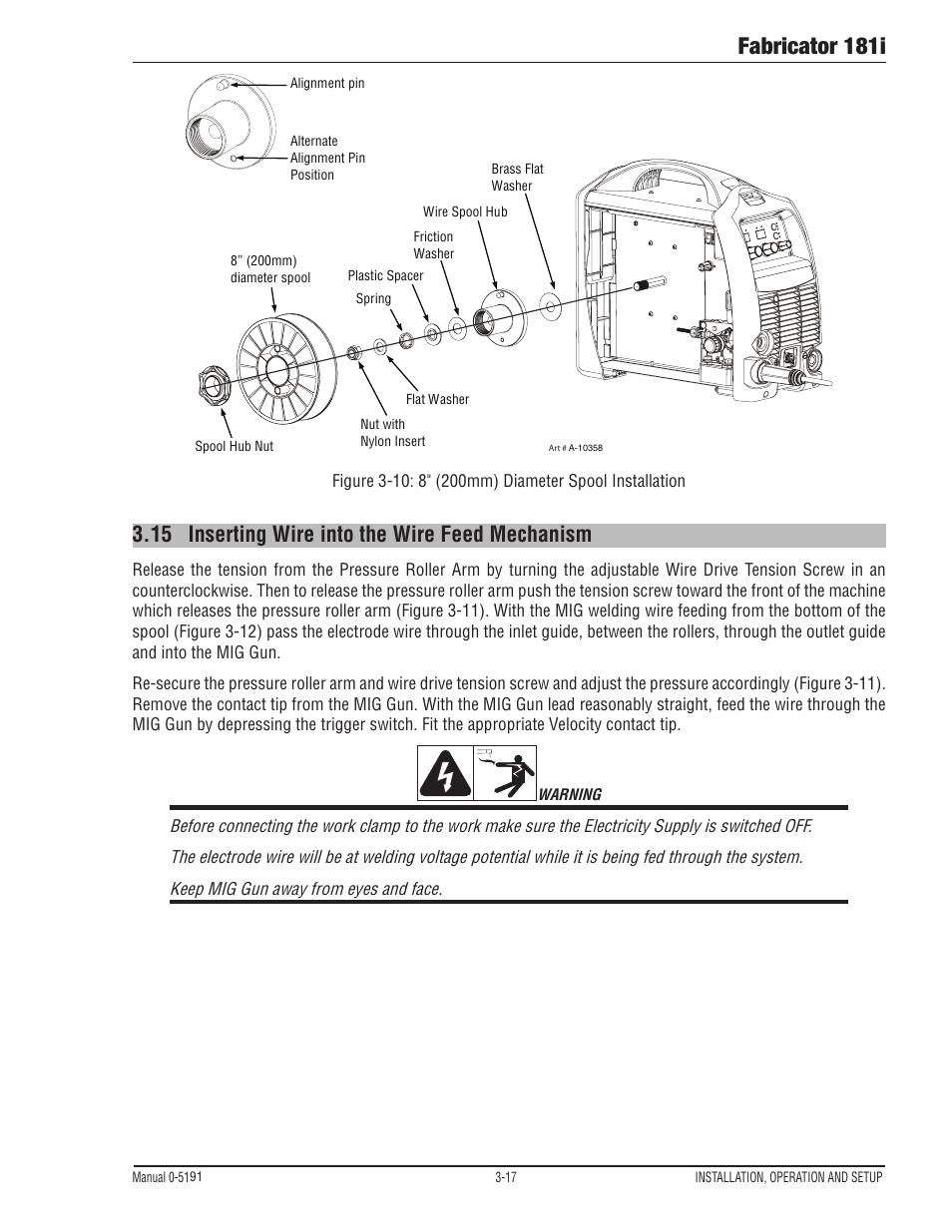 15 inserting wire into the wire feed mechanism, Inserting wire into the wire feed mechanism -17, Fabricator 181i | Tweco 181i Thermal Arc Fabricator User Manual | Page 47 / 96